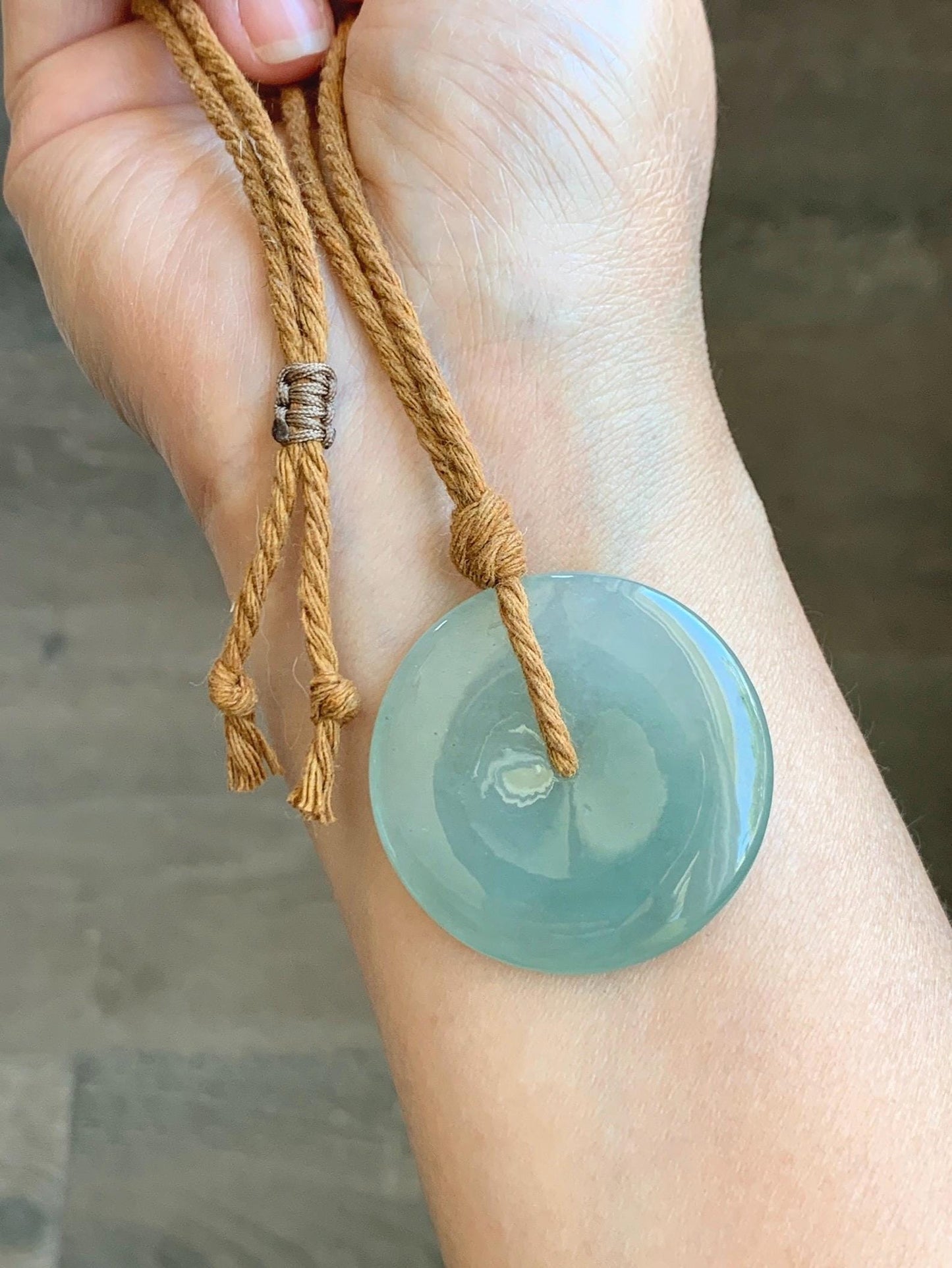 Certified Natural Icy Highly Translucent Light Green Jade Jadeite Large Ping An Kou Donut Pendant Rope Necklace 25" 天然冰胶老种淡绿翡翠平安扣吊坠项链 9417