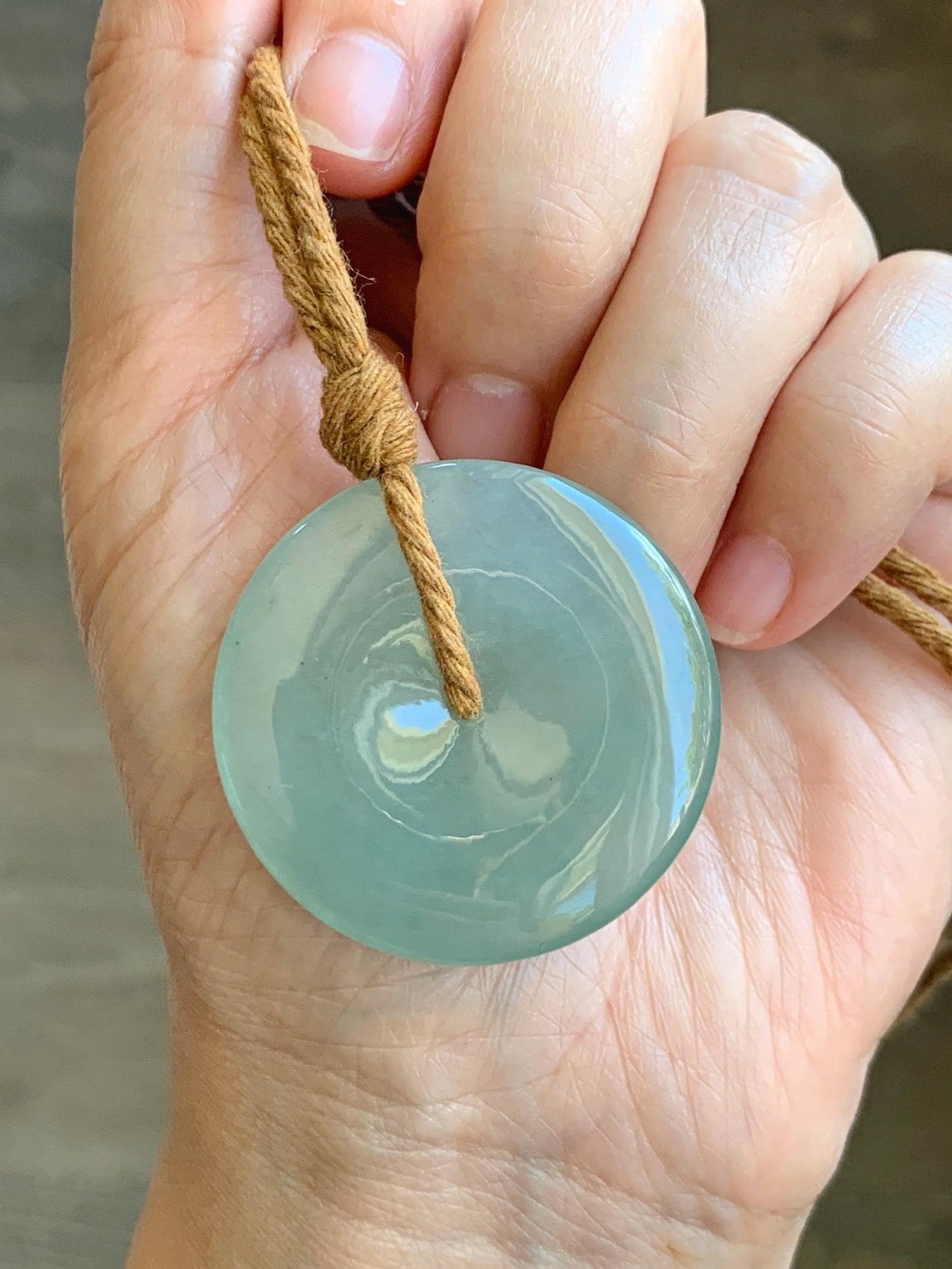 Certified Natural Icy Highly Translucent Light Green Jade Jadeite Large Ping An Kou Donut Pendant Rope Necklace 25" 天然冰胶老种淡绿翡翠平安扣吊坠项链 9417