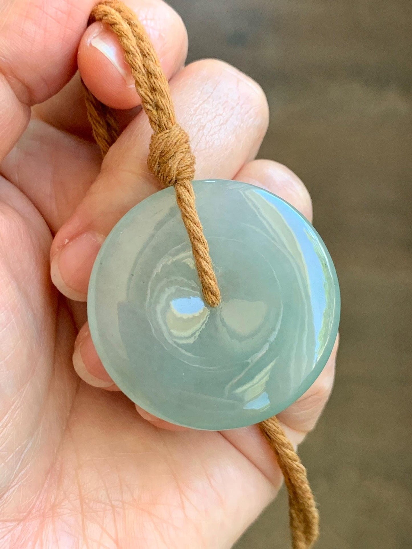 Certified Natural Icy Highly Translucent Light Green Jade Jadeite Large Ping An Kou Donut Pendant Rope Necklace 25" 天然冰胶老种淡绿翡翠平安扣吊坠项链 9417