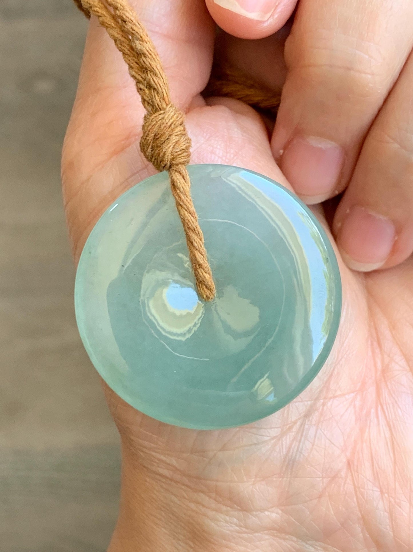 Certified Natural Icy Highly Translucent Light Green Jade Jadeite Large Ping An Kou Donut Pendant Rope Necklace 25" 天然冰胶老种淡绿翡翠平安扣吊坠项链 9417