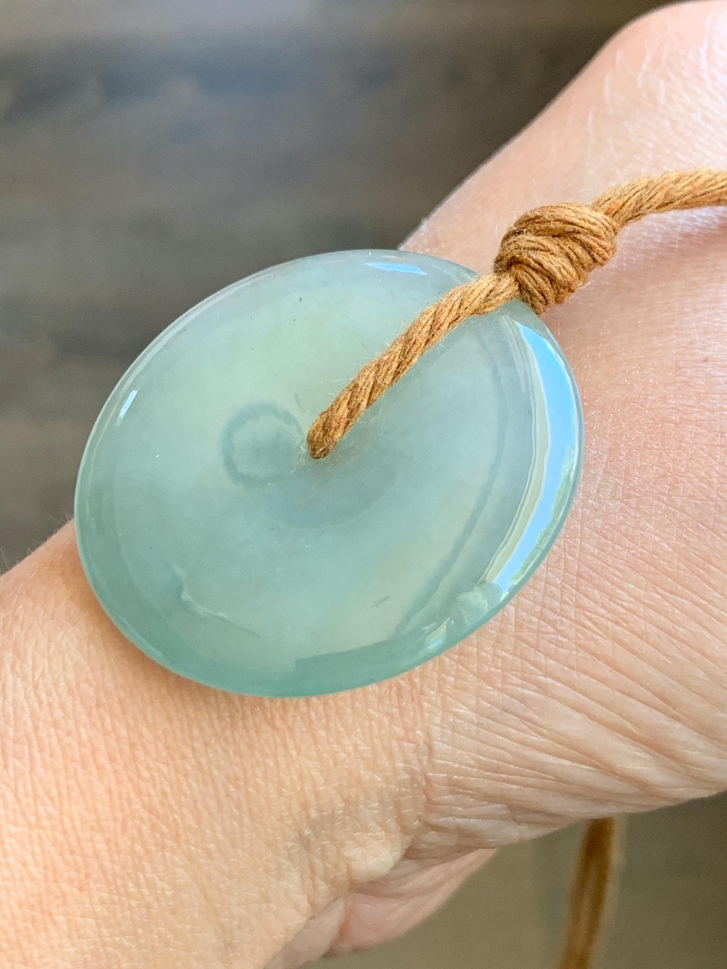 Certified Natural Icy Highly Translucent Light Green Jade Jadeite Large Ping An Kou Donut Pendant Rope Necklace 25" 天然冰胶老种淡绿翡翠平安扣吊坠项链 9417