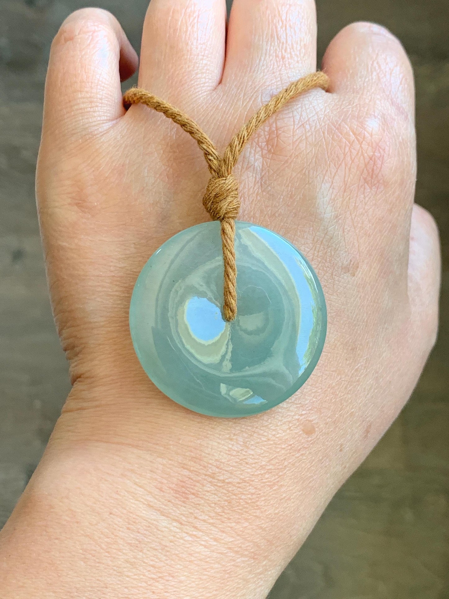 Certified Natural Icy Highly Translucent Light Green Jade Jadeite Large Ping An Kou Donut Pendant Rope Necklace 25" 天然冰胶老种淡绿翡翠平安扣吊坠项链 9417
