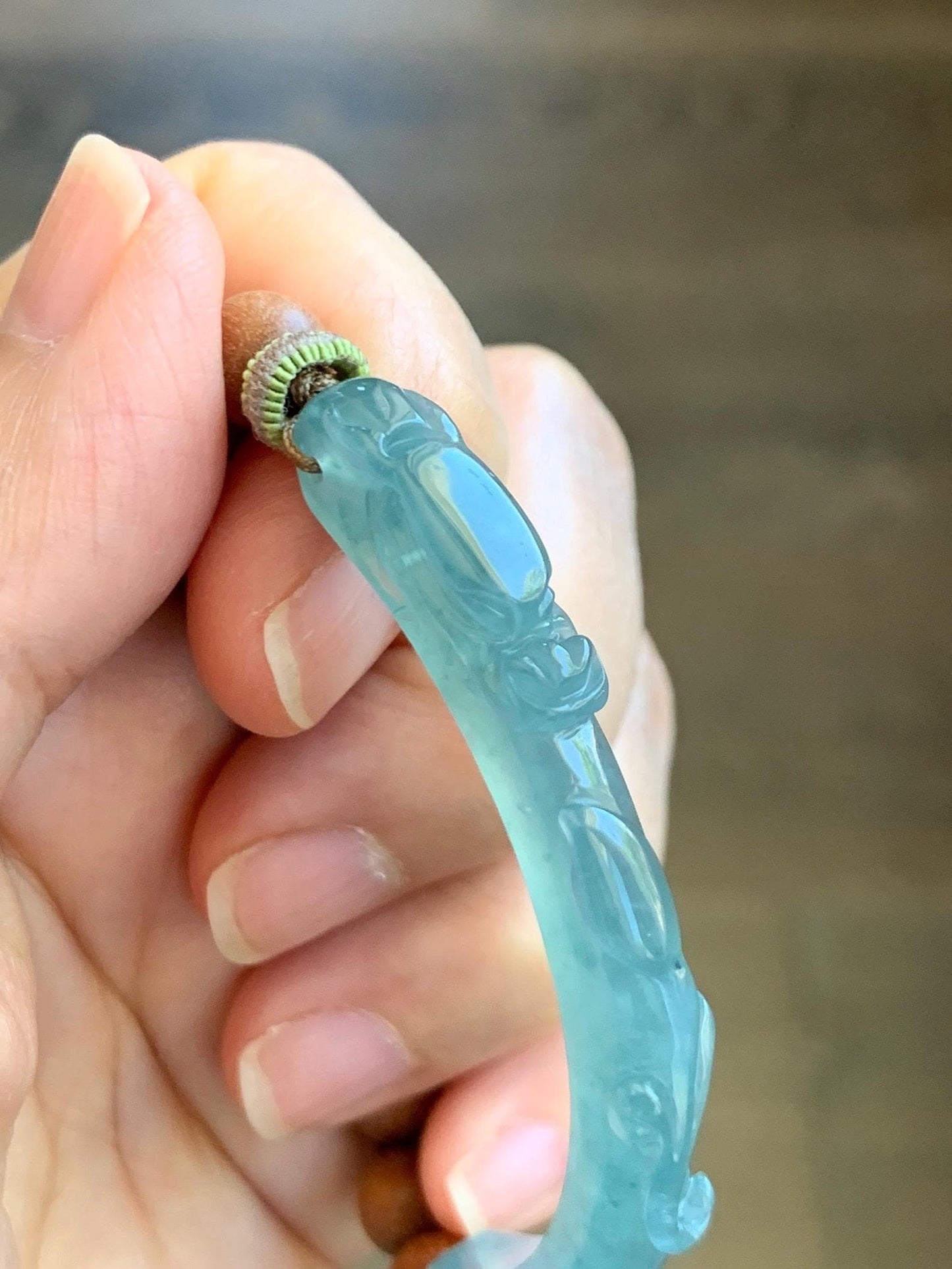 Natural Grade A Guatemalan Icy Highly Translucent Bright Blue Jadeite Dragon Hook Cuff Wood Beads Beaded Bracelet 6.75" 天然高冰危龙钩手牌木珠手串 GWL250