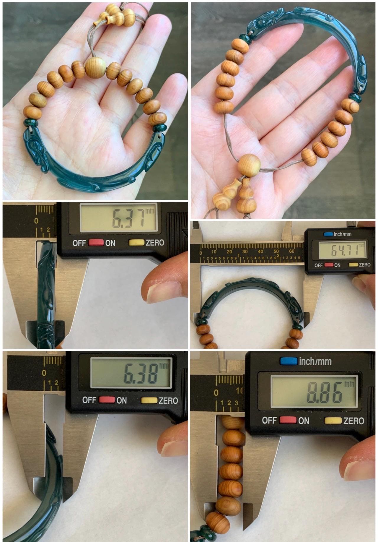 Natural Grade A Guatemalan Icy Translucent Dark Teal Blue Jadeite Dragon Hook Cuff Wood Beads Beaded Bracelet 6.75" 天然高冰危龙钩手牌木珠手串 GWN250