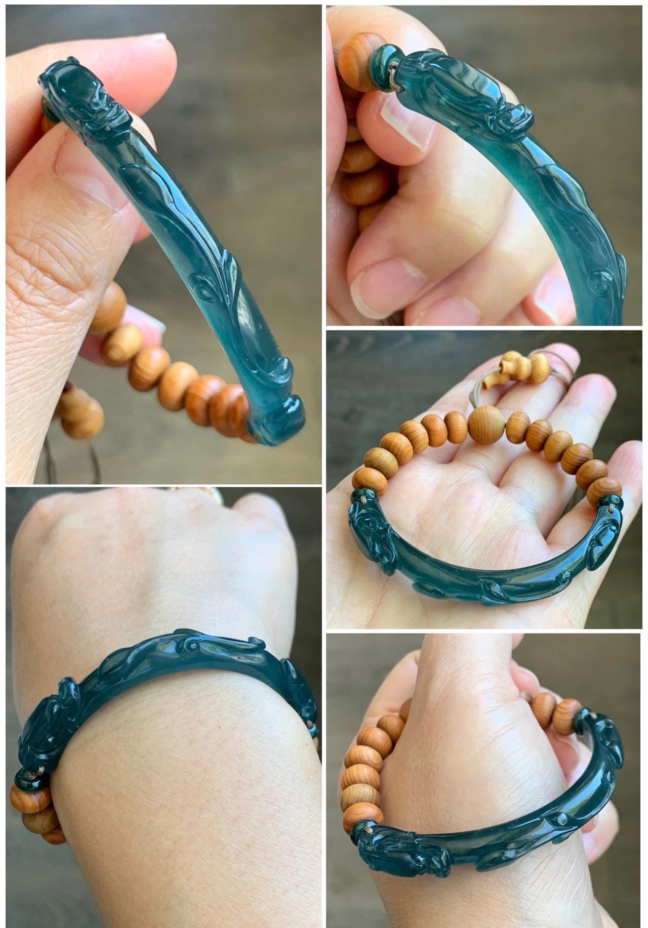 Natural Grade A Guatemalan Icy Translucent Dark Teal Blue Jadeite Dragon Hook Cuff Wood Beads Beaded Bracelet 6.75" 天然高冰危龙钩手牌木珠手串 GWN250