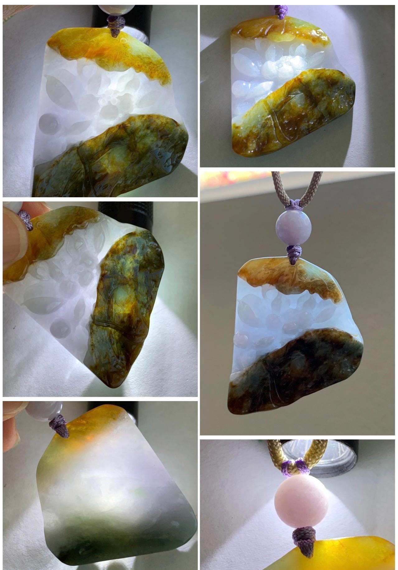 Natural Grade A Icy Translucent Tricolored Jade Jadeite w/ Rind Carved Lotus Flower Pendant Rope Necklace 26” 25g 天然冰三彩翡翠皮壳料莲花吊坠项链 SCLH150