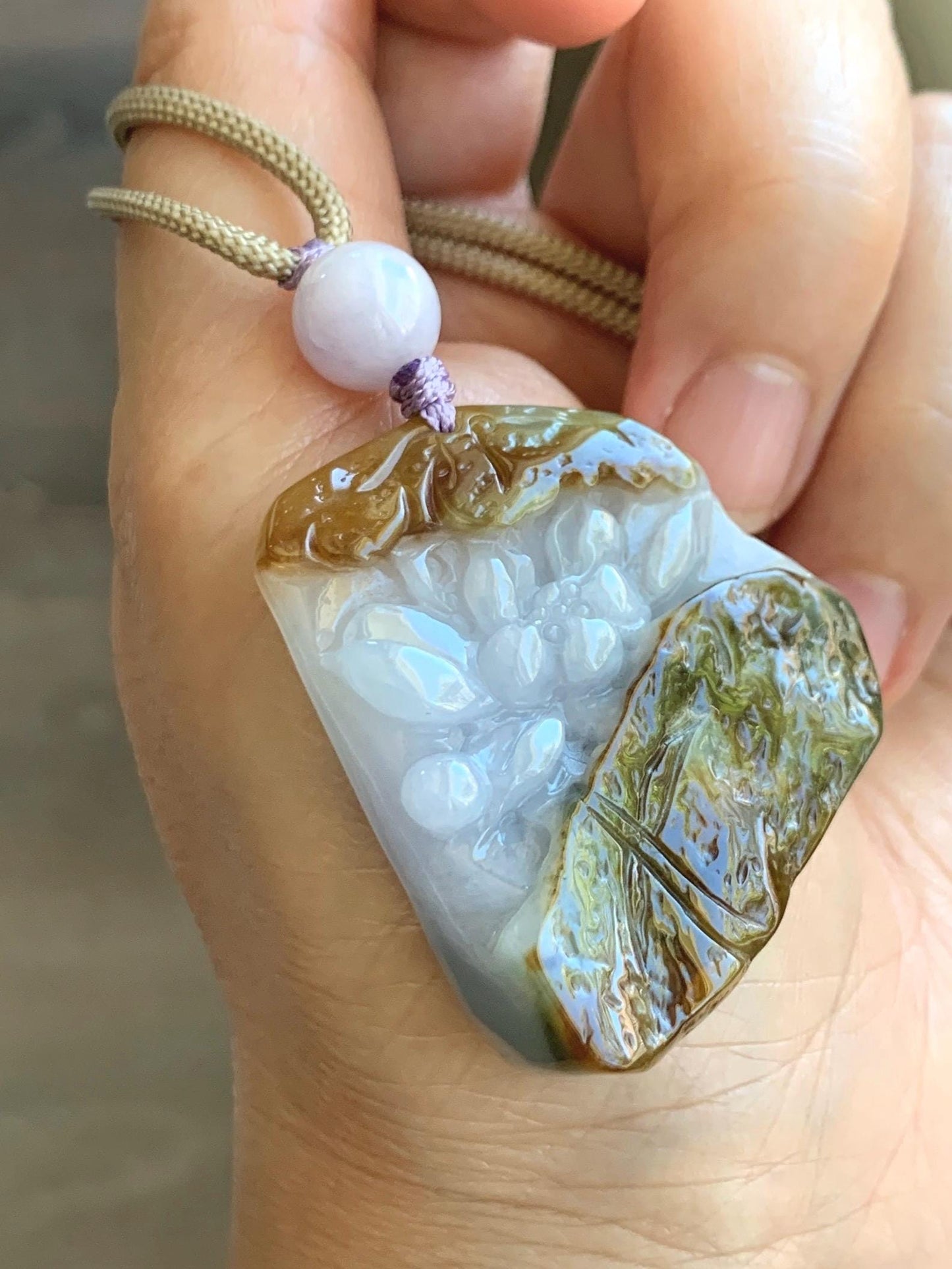 Natural Grade A Icy Translucent Tricolored Jade Jadeite w/ Rind Carved Lotus Flower Pendant Rope Necklace 26” 25g 天然冰三彩翡翠皮壳料莲花吊坠项链 SCLH150