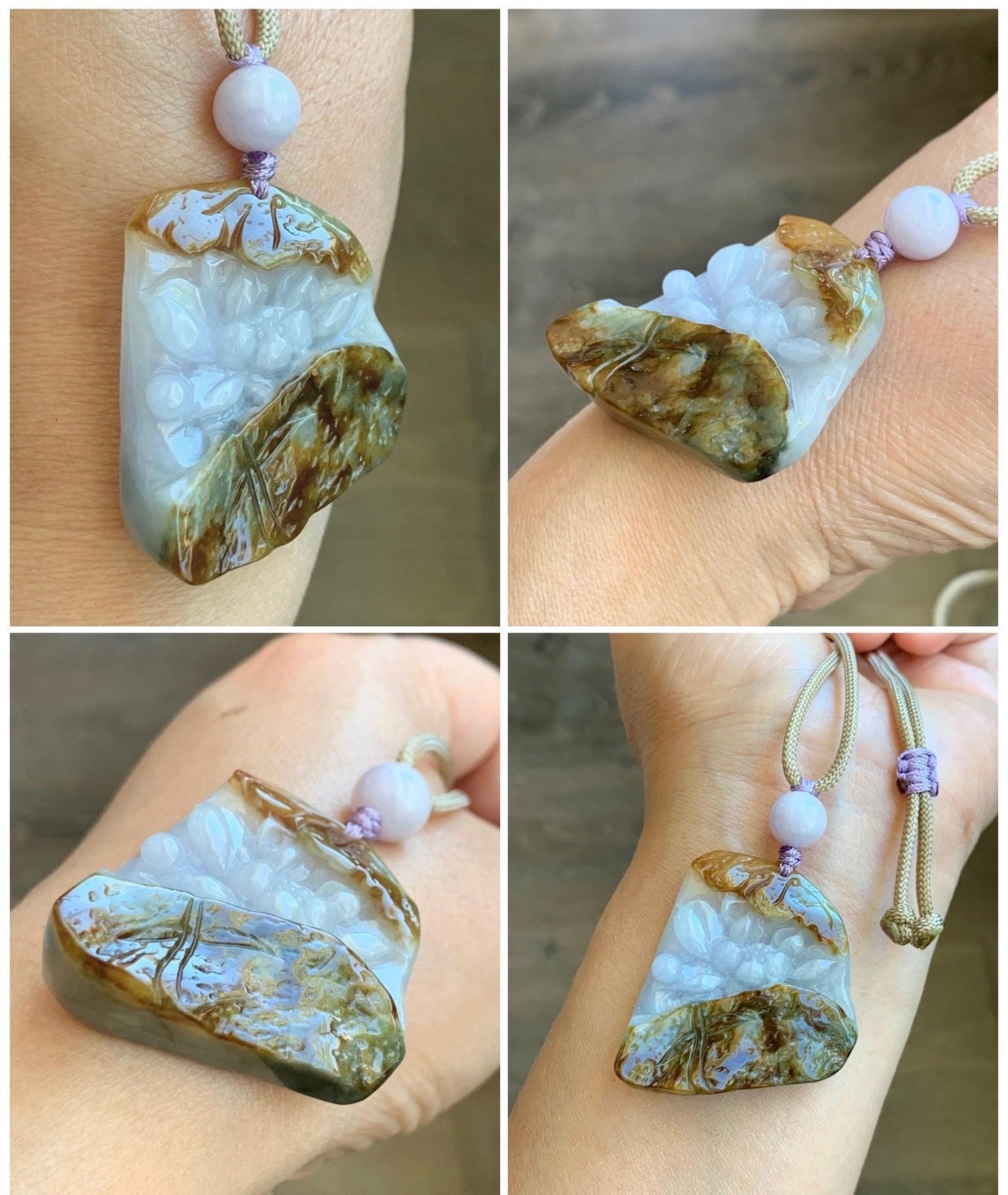 Natural Grade A Icy Translucent Tricolored Jade Jadeite w/ Rind Carved Lotus Flower Pendant Rope Necklace 26” 25g 天然冰三彩翡翠皮壳料莲花吊坠项链 SCLH150