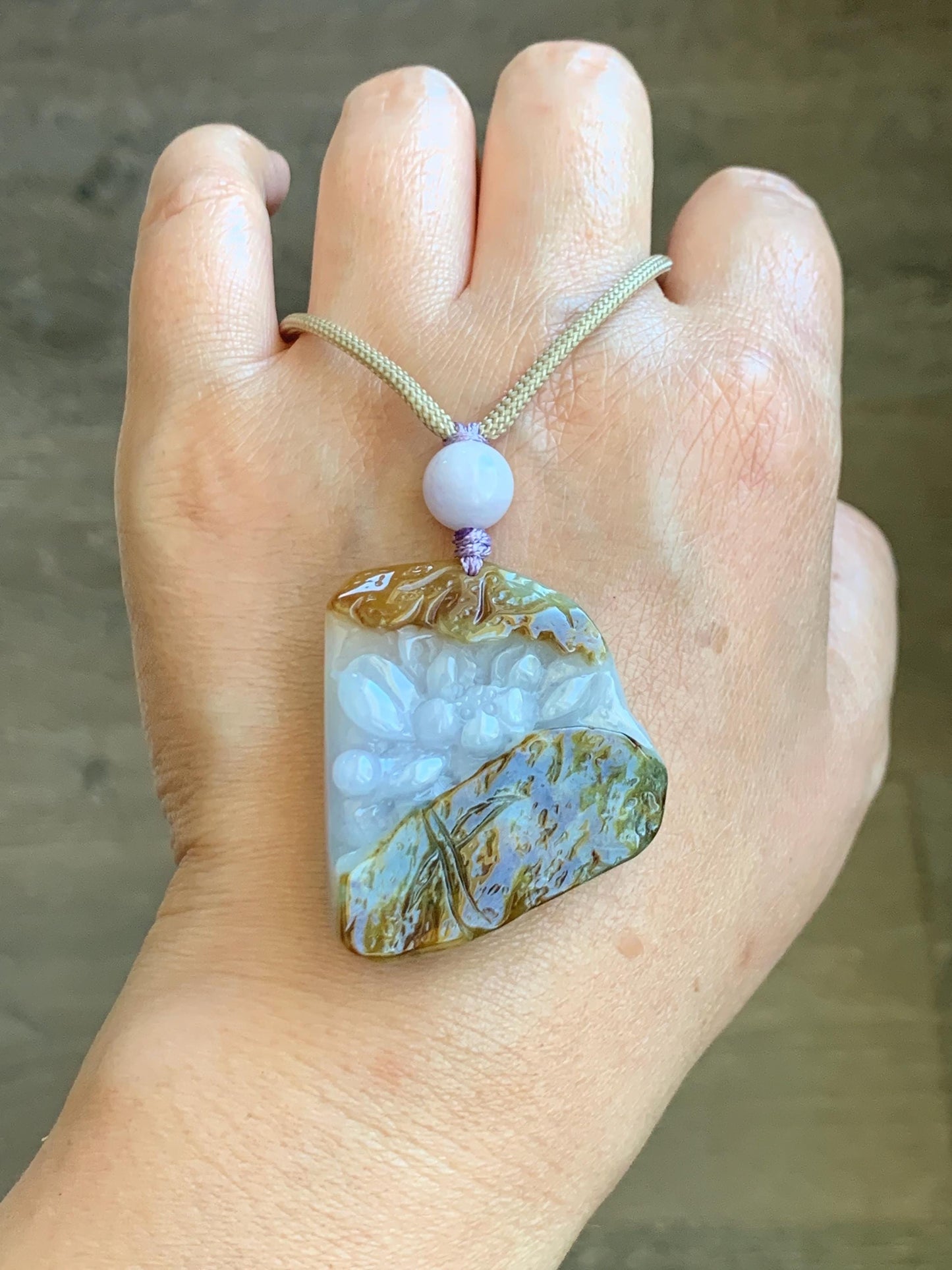 Natural Grade A Icy Translucent Tricolored Jade Jadeite w/ Rind Carved Lotus Flower Pendant Rope Necklace 26” 25g 天然冰三彩翡翠皮壳料莲花吊坠项链 SCLH150