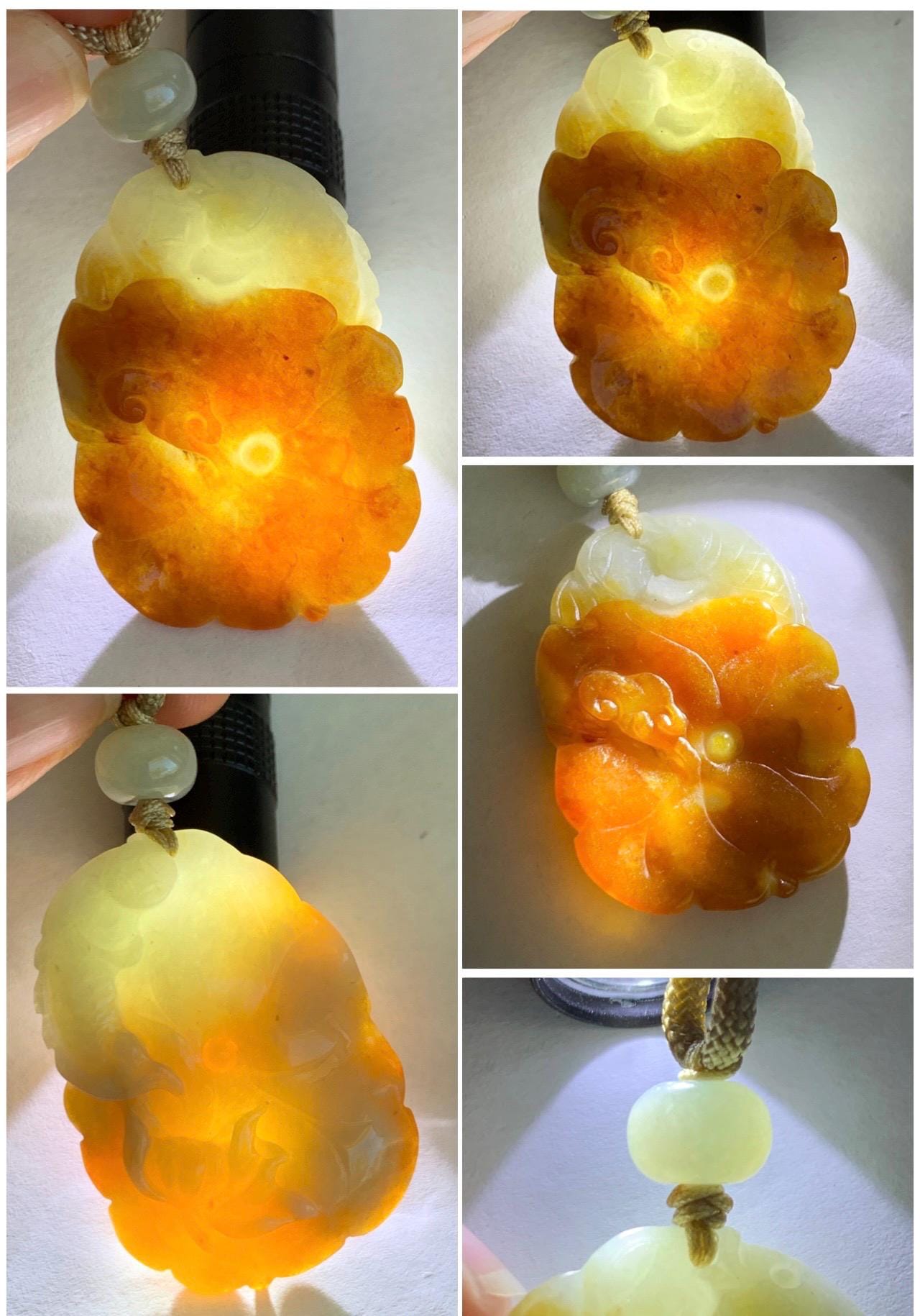 Natural Grade A Icy Translucent Bicolored Jade Jadeite Carved Lotus Flower Koi Fish Pendant Rope Necklace 26” 18g 天然冰双色翡翠荷花鱼吊坠项链 SSHY850