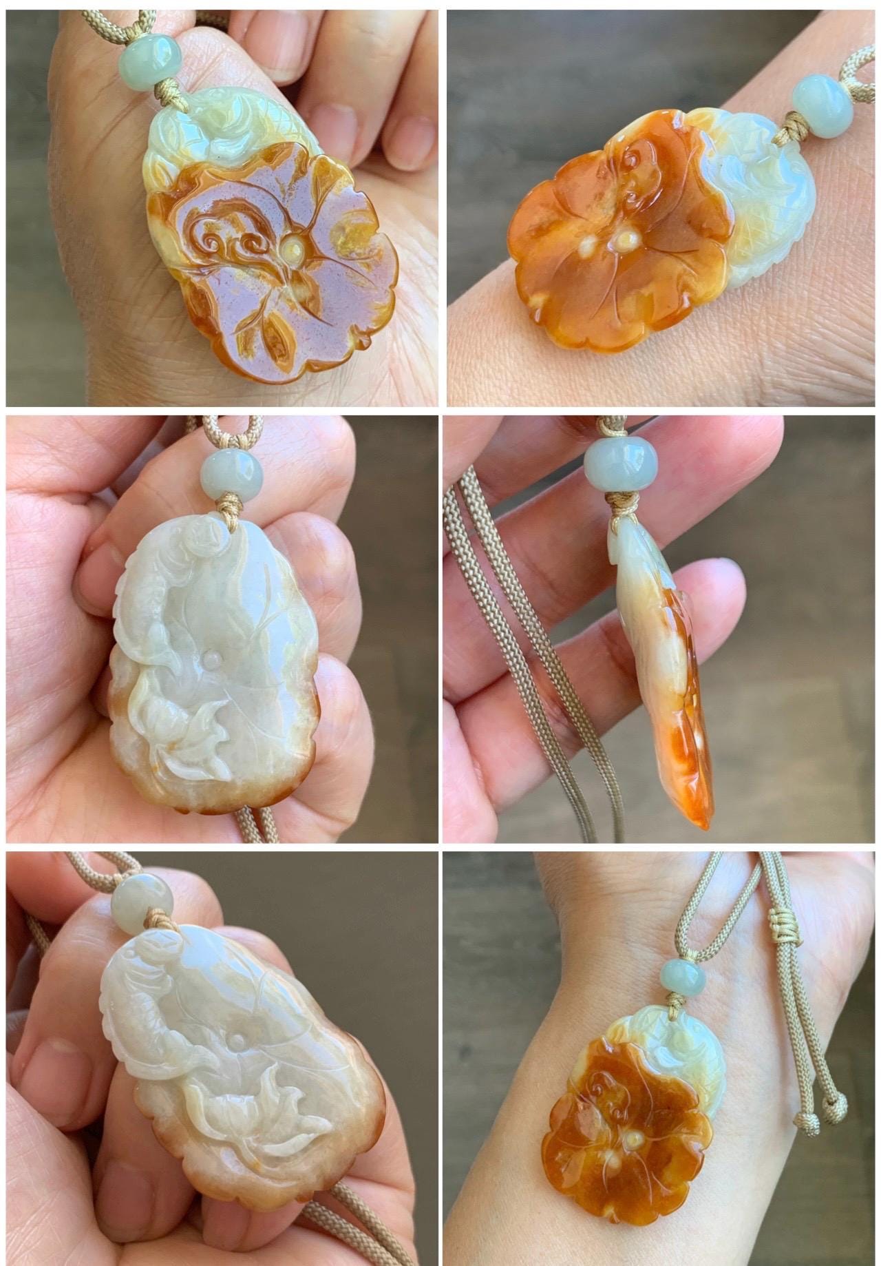 Natural Grade A Icy Translucent Bicolored Jade Jadeite Carved Lotus Flower Koi Fish Pendant Rope Necklace 26” 18g 天然冰双色翡翠荷花鱼吊坠项链 SSHY850