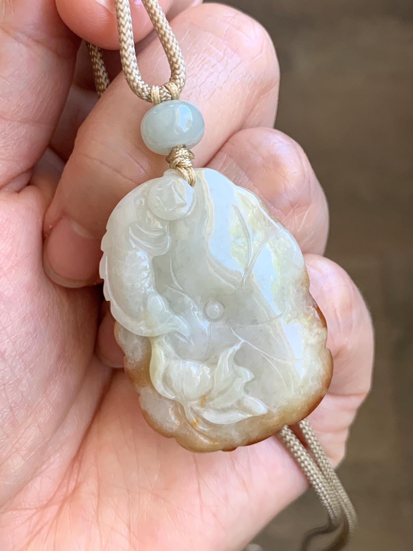 Natural Grade A Icy Translucent Bicolored Jade Jadeite Carved Lotus Flower Koi Fish Pendant Rope Necklace 26” 18g 天然冰双色翡翠荷花鱼吊坠项链 SSHY850