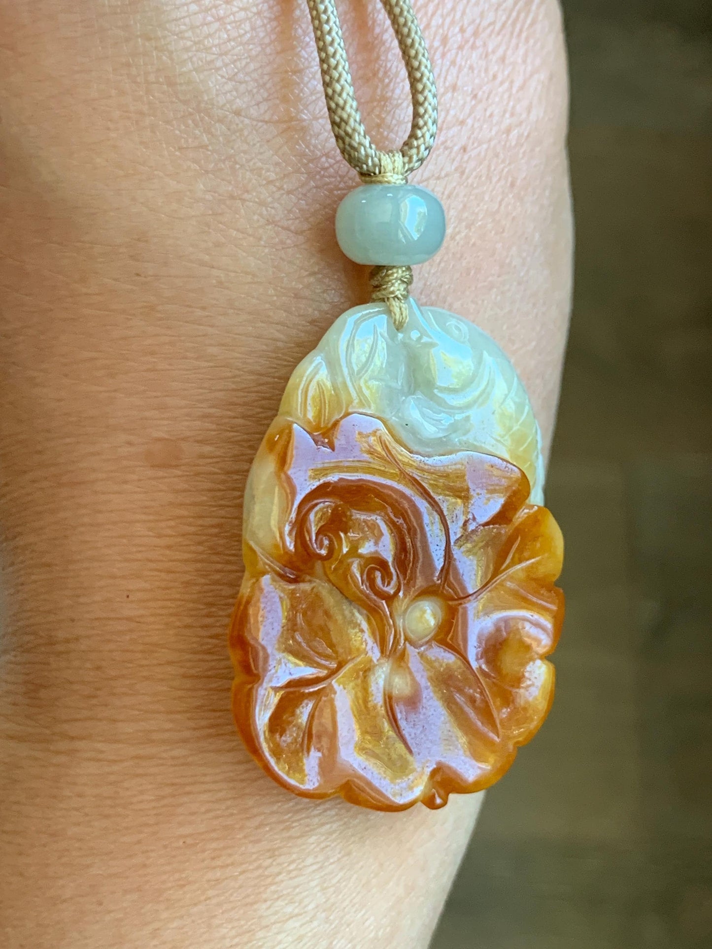 Natural Grade A Icy Translucent Bicolored Jade Jadeite Carved Lotus Flower Koi Fish Pendant Rope Necklace 26” 18g 天然冰双色翡翠荷花鱼吊坠项链 SSHY850