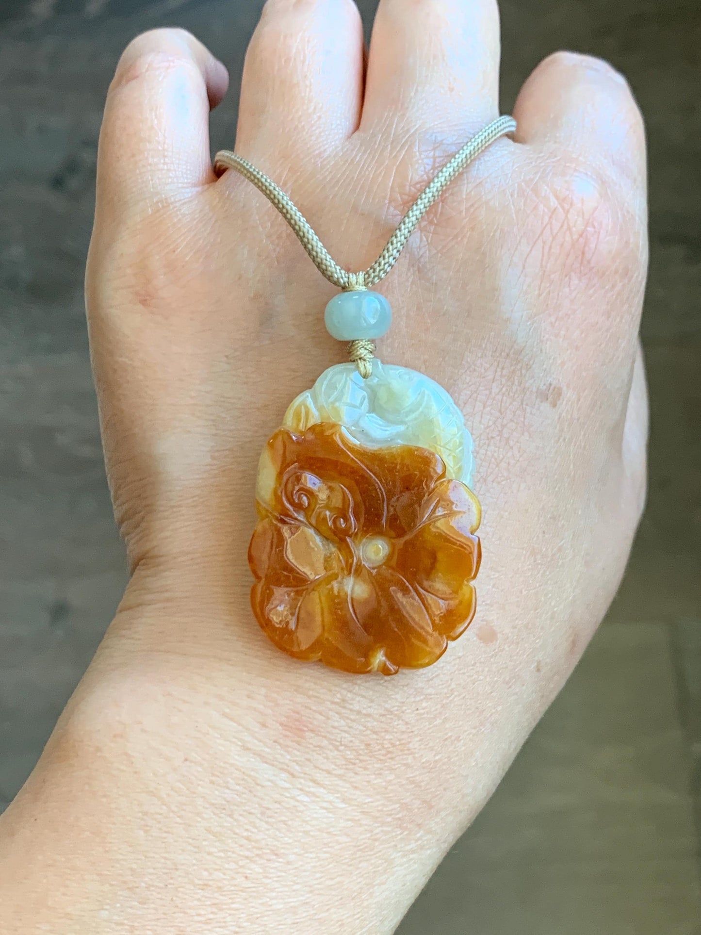 Natural Grade A Icy Translucent Bicolored Jade Jadeite Carved Lotus Flower Koi Fish Pendant Rope Necklace 26” 18g 天然冰双色翡翠荷花鱼吊坠项链 SSHY850