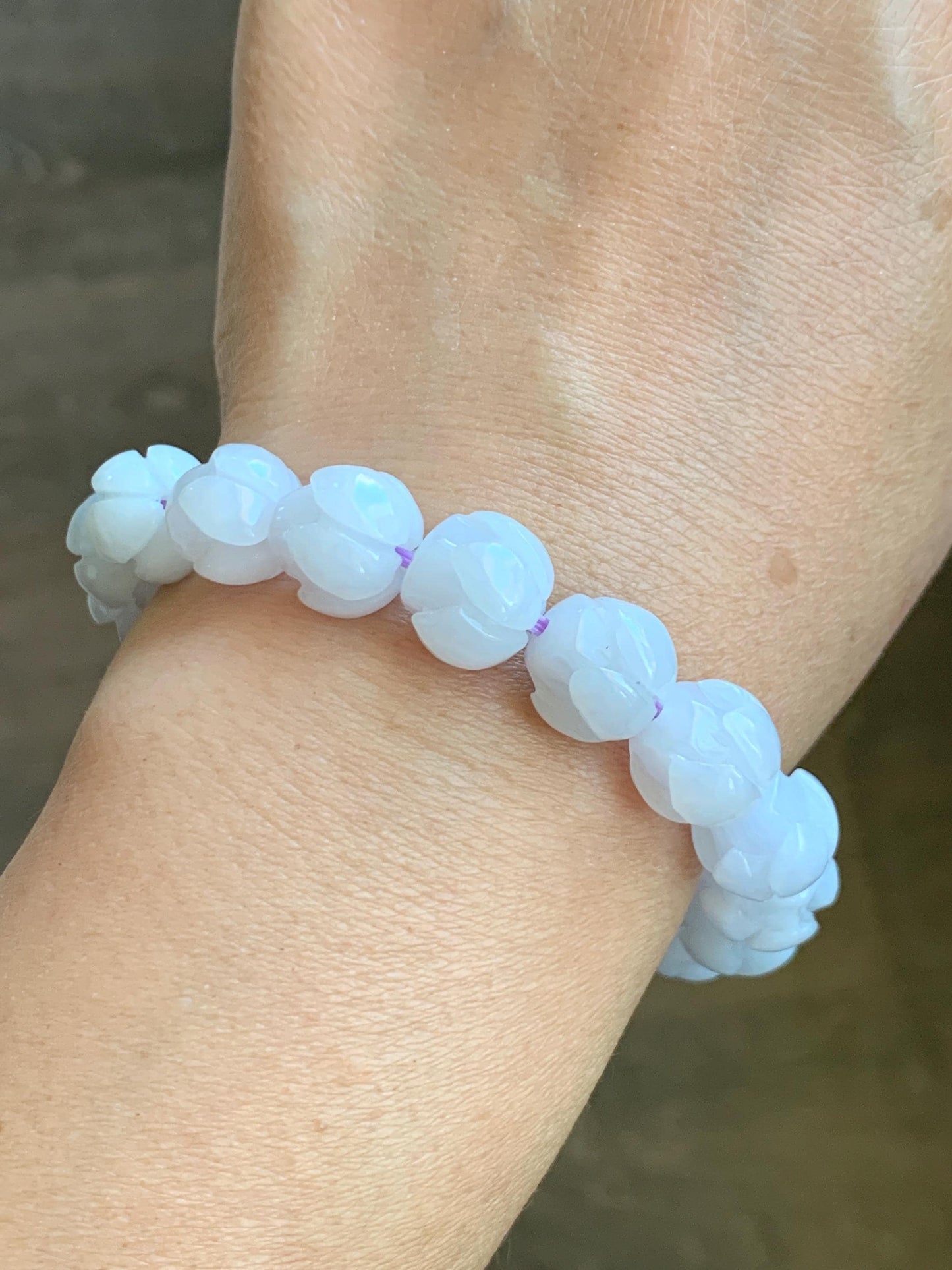 Natural Grade A Icy Translucent White Jadeite w/ Pastel Purple Undertone Lotus Flower beads Beaded Bracelet 7” 11.5mm 天然细糯白冰翡翠莲花珠手串 DZLH284