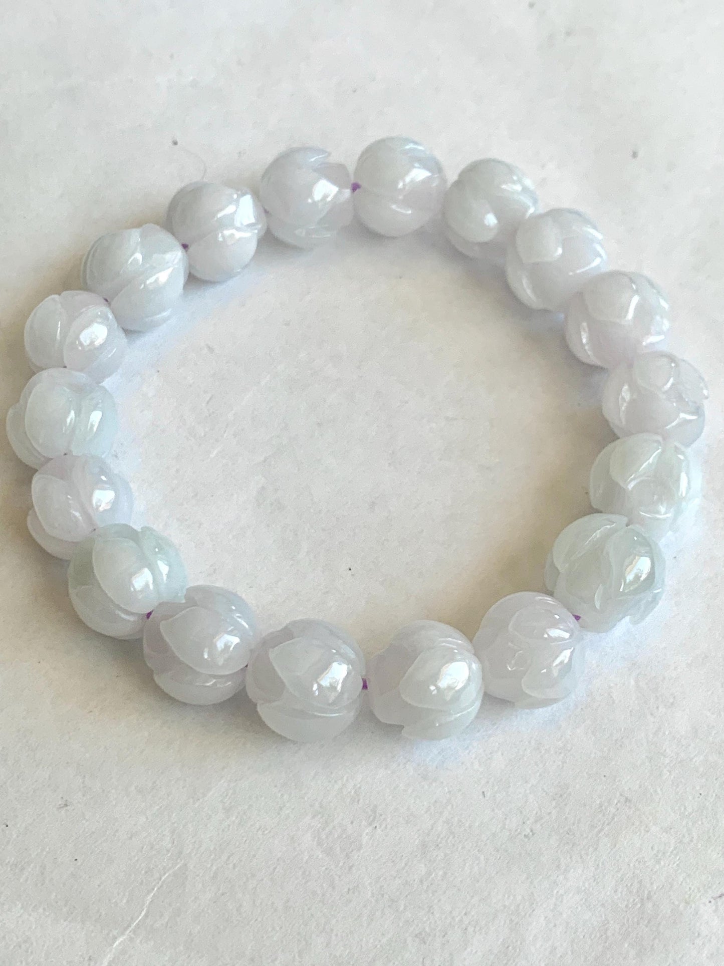 Natural Grade A Icy Translucent White Jadeite w/ Pastel Purple Undertone Lotus Flower beads Beaded Bracelet 7” 11.5mm 天然细糯白冰翡翠莲花珠手串 DZLH284
