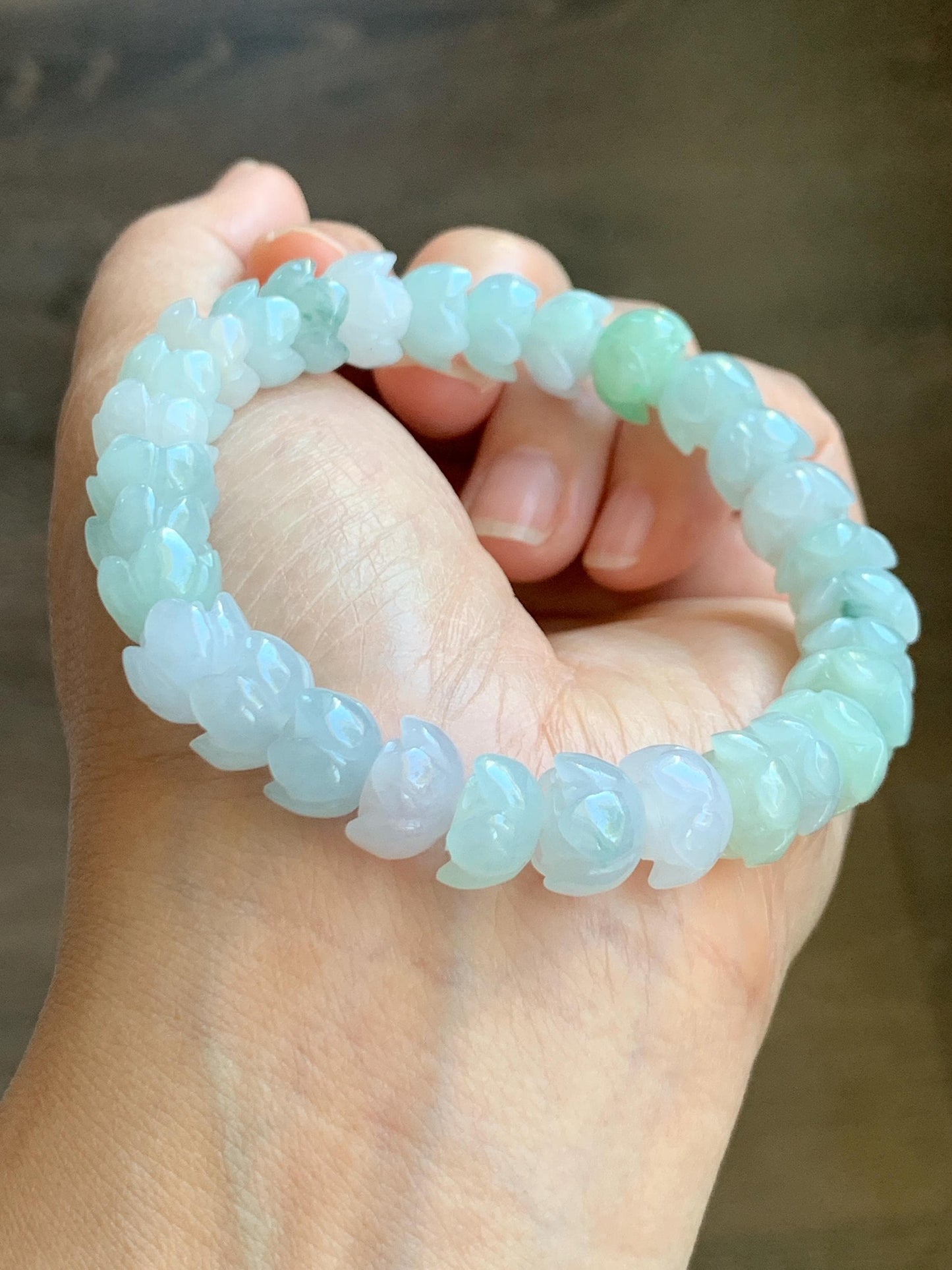 Natural Grade A Icy Translucent Gelatinous Multicolored Jadeite Lotus Flower Beads Beaded Bracelet 10.5mm 7.25” 36g 天然冰胶多宝马卡龙翡翠莲花珠手串 DBLH22