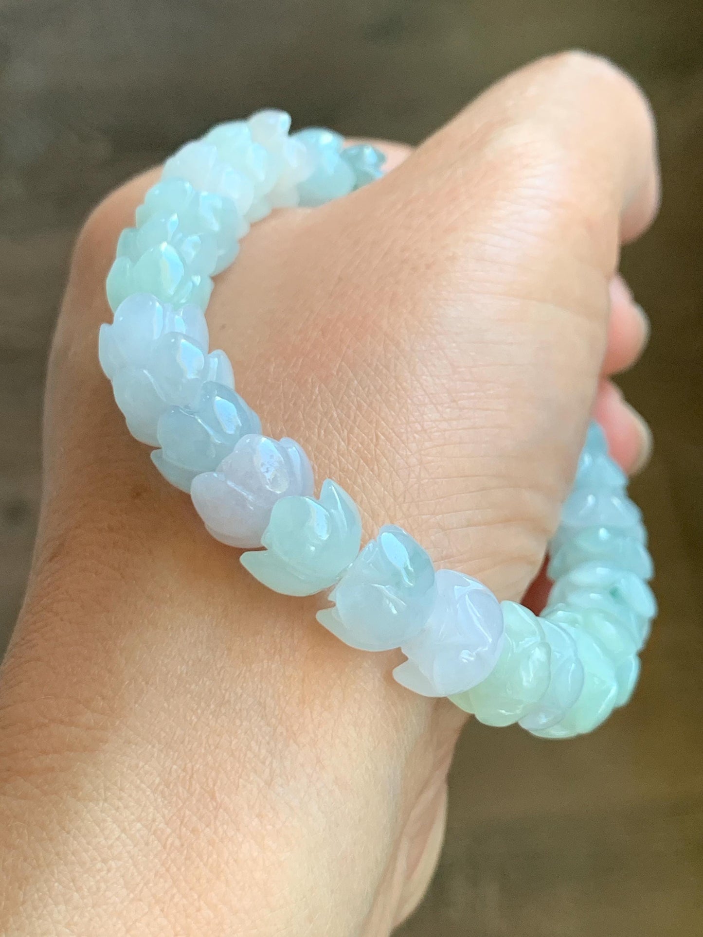 Natural Grade A Icy Translucent Gelatinous Multicolored Jadeite Lotus Flower Beads Beaded Bracelet 10.5mm 7.25” 36g 天然冰胶多宝马卡龙翡翠莲花珠手串 DBLH22