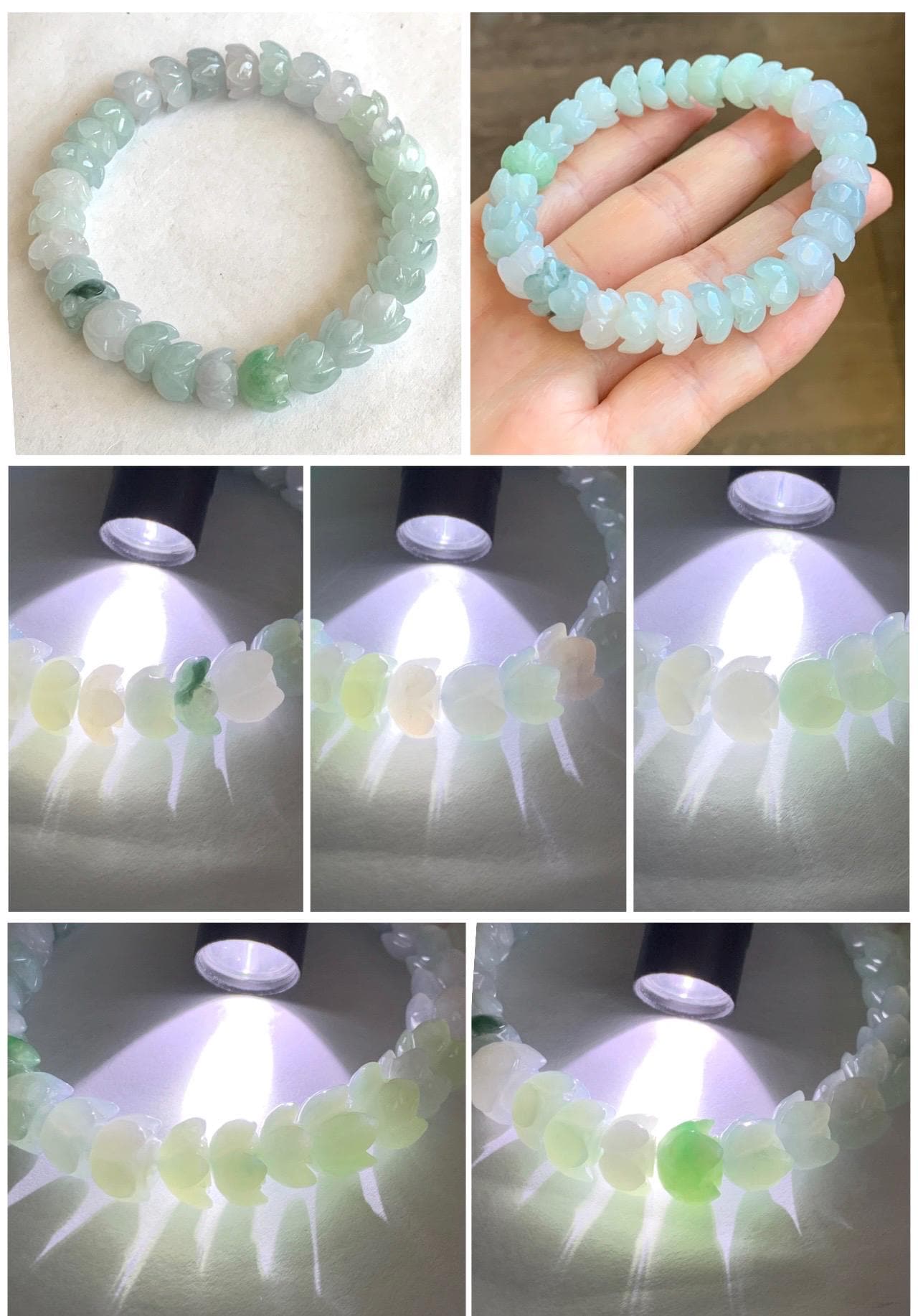 Natural Grade A Icy Translucent Gelatinous Multicolored Jadeite Lotus Flower Beads Beaded Bracelet 10.5mm 7.25” 36g 天然冰胶多宝马卡龙翡翠莲花珠手串 DBLH22