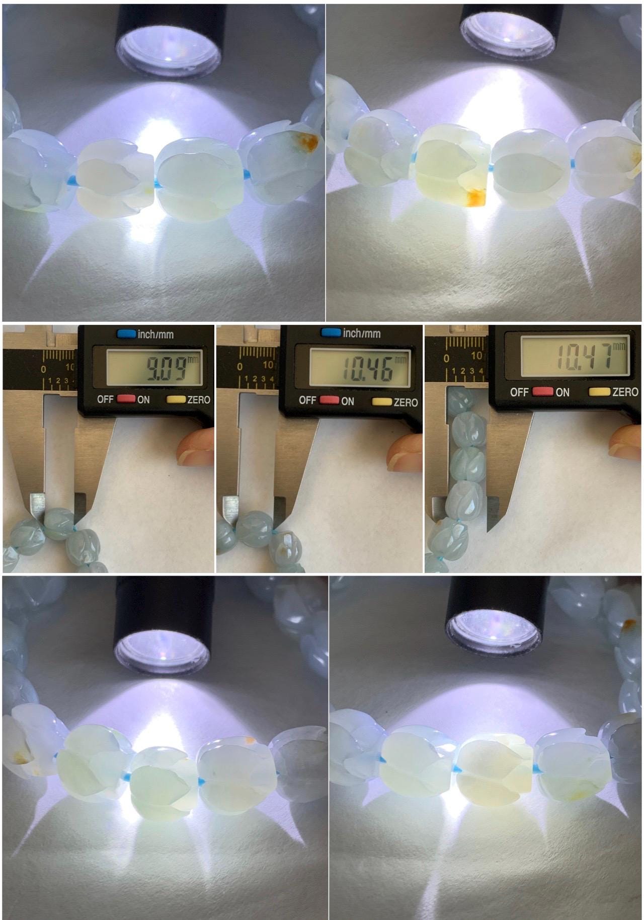 Natural Grade A Icy Translucent Gelatinous Pastel Blue Jadeite Lotus Flower Beads Beaded Bracelet 10.5mm 6.75” 34g 天然冰胶淡蓝撒金翡翠莲花珠手串 DLH380