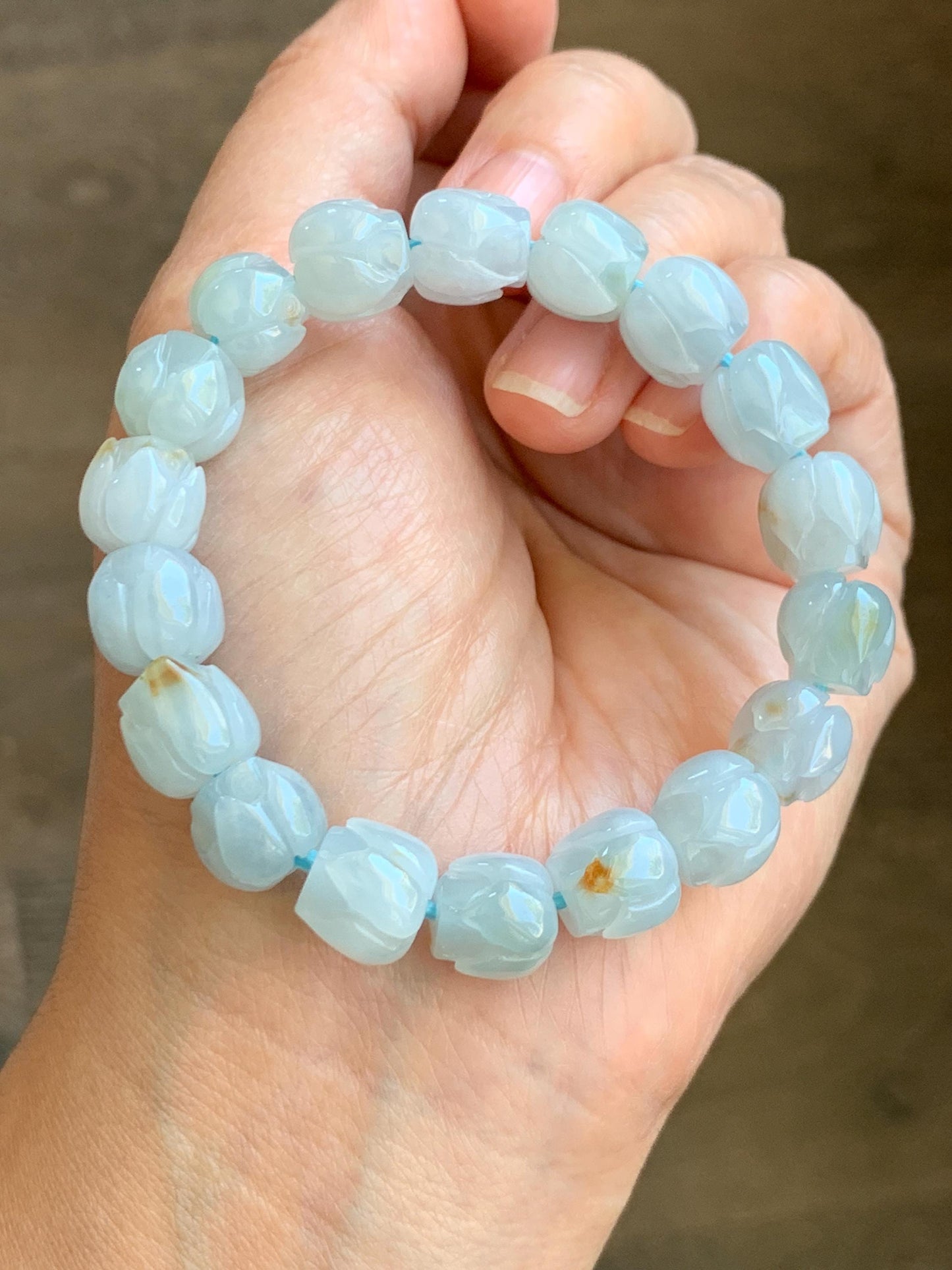Natural Grade A Icy Translucent Gelatinous Pastel Blue Jadeite Lotus Flower Beads Beaded Bracelet 10.5mm 6.75” 34g 天然冰胶淡蓝撒金翡翠莲花珠手串 DLH380
