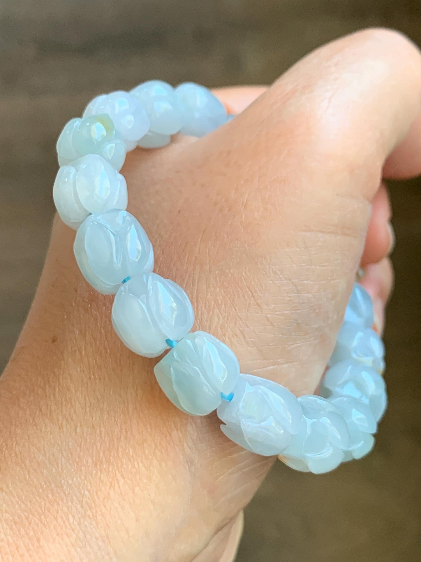 Natural Grade A Icy Translucent Gelatinous Pastel Blue Jadeite Lotus Flower Beads Beaded Bracelet 10.5mm 6.75” 34g 天然冰胶淡蓝撒金翡翠莲花珠手串 DLH380