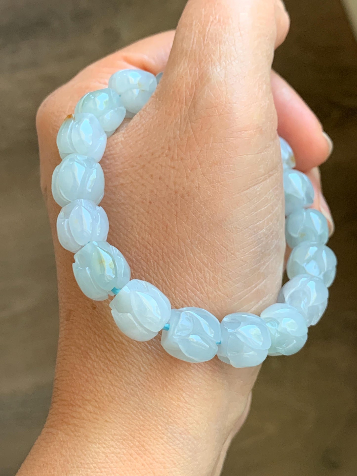 Natural Grade A Icy Translucent Gelatinous Pastel Blue Jadeite Lotus Flower Beads Beaded Bracelet 10.5mm 6.75” 34g 天然冰胶淡蓝撒金翡翠莲花珠手串 DLH380
