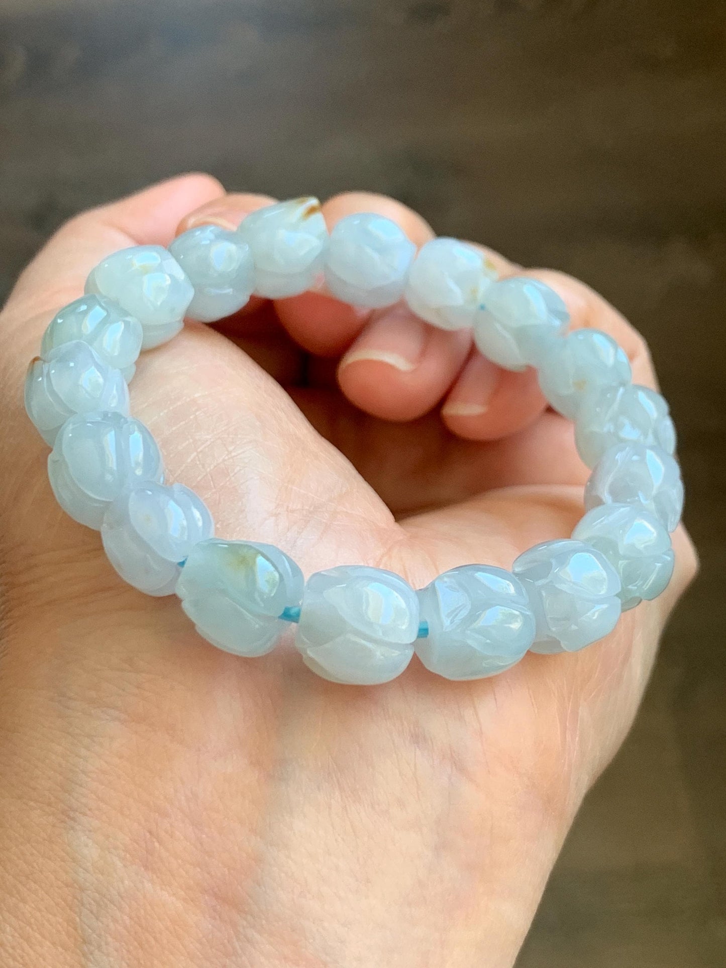 Natural Grade A Icy Translucent Gelatinous Pastel Blue Jadeite Lotus Flower Beads Beaded Bracelet 10.5mm 6.75” 34g 天然冰胶淡蓝撒金翡翠莲花珠手串 DLH380