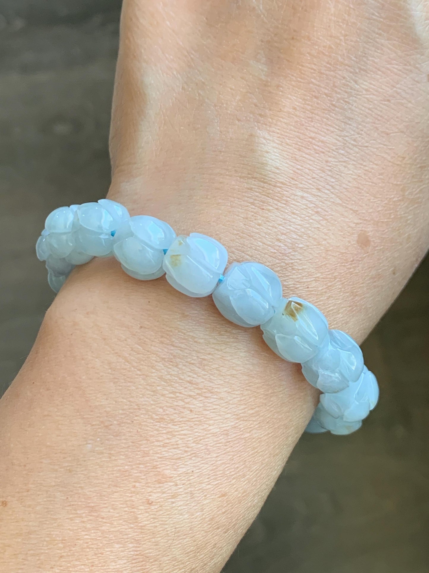 Natural Grade A Icy Translucent Gelatinous Pastel Blue Jadeite Lotus Flower Beads Beaded Bracelet 10.5mm 6.75” 34g 天然冰胶淡蓝撒金翡翠莲花珠手串 DLH380