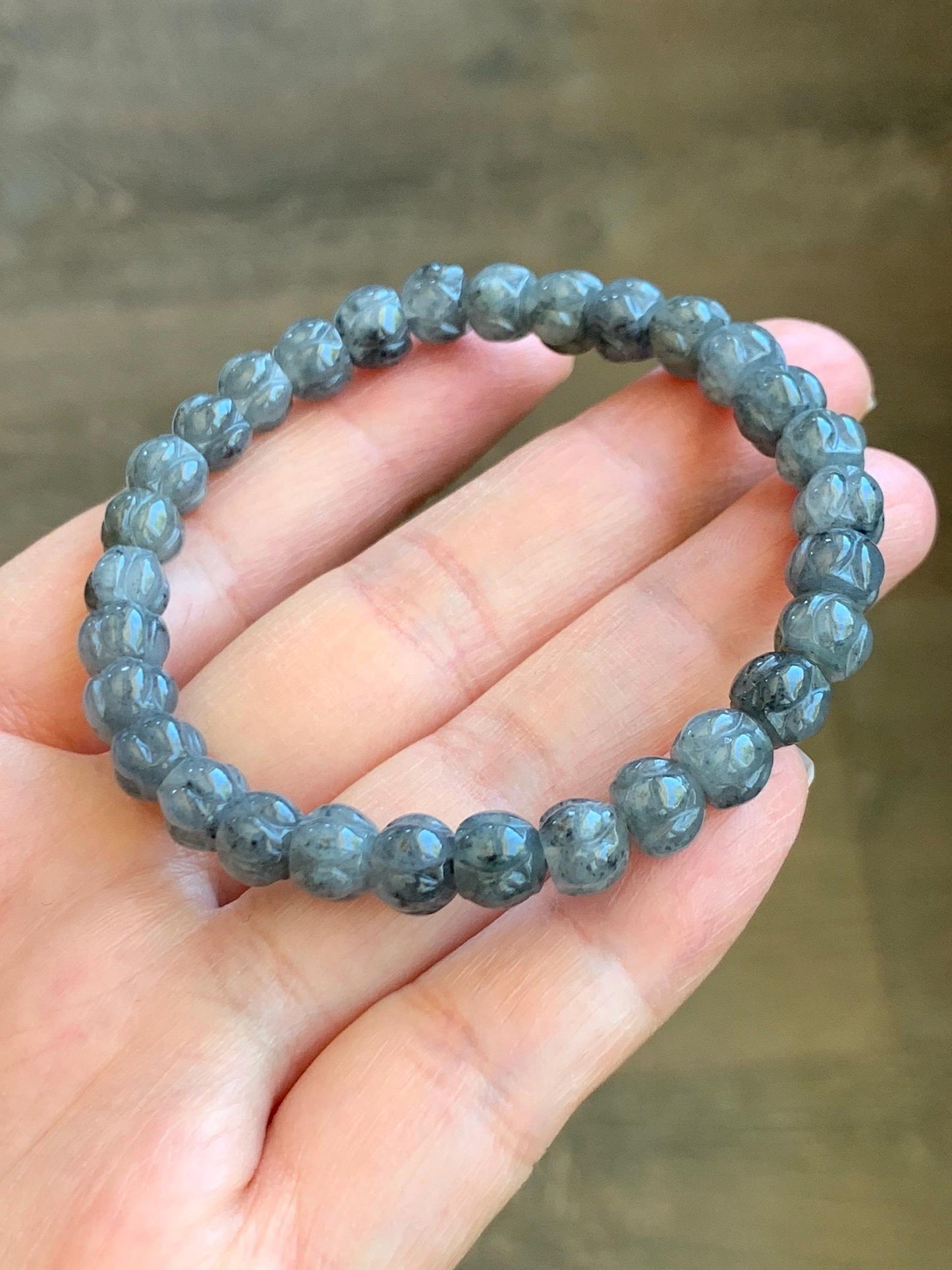 Natural Grade A Icy Translucent Gelatinous Wuji Jadeite Carved Lotus Flower Beads Beaded Bracelet 6.75” 15g 天然冰乌鸡翡翠莲花珠手串 WJLH360A
