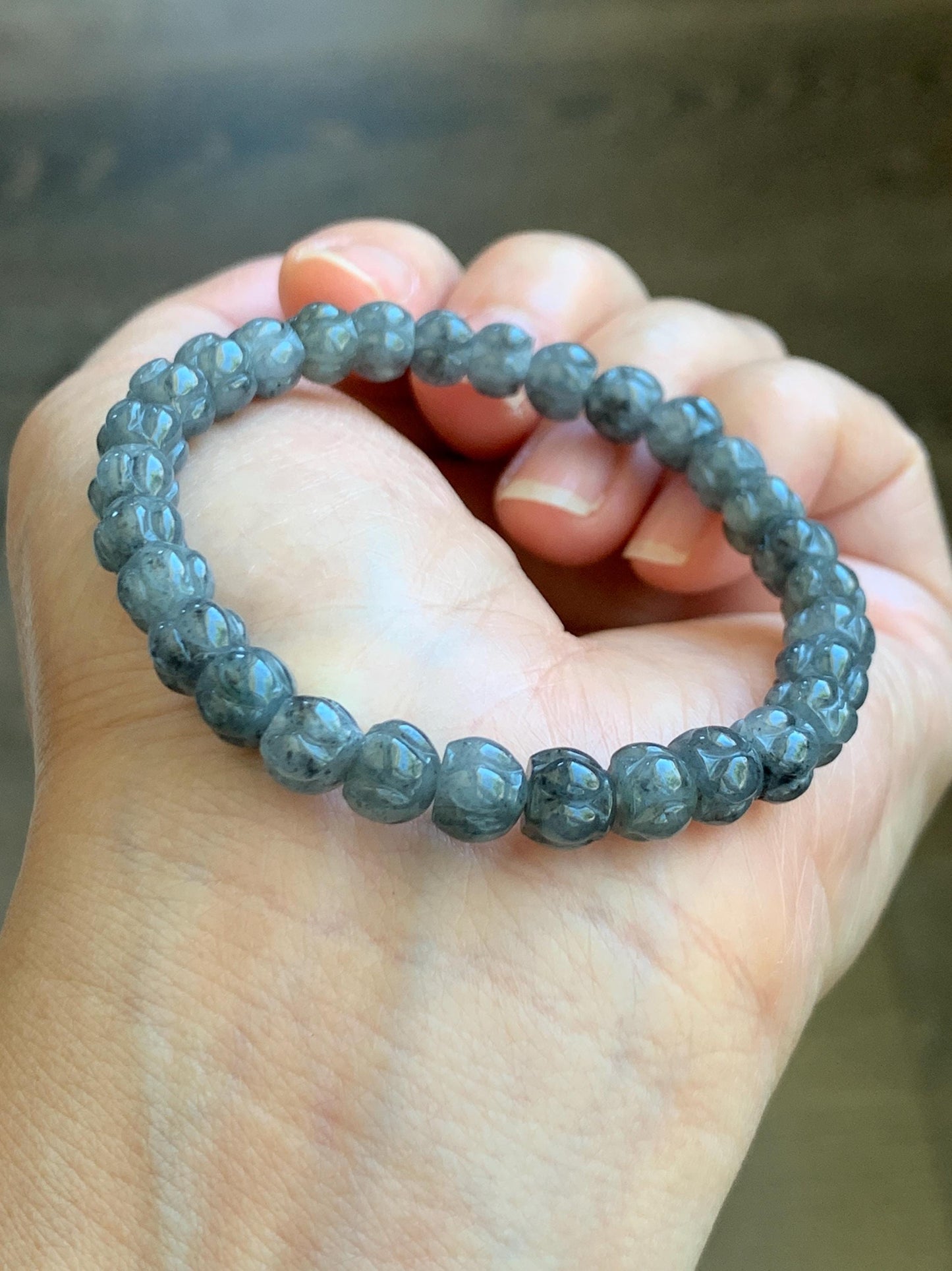 Natural Grade A Icy Translucent Gelatinous Wuji Jadeite Carved Lotus Flower Beads Beaded Bracelet 6.75” 15g 天然冰乌鸡翡翠莲花珠手串 WJLH360A