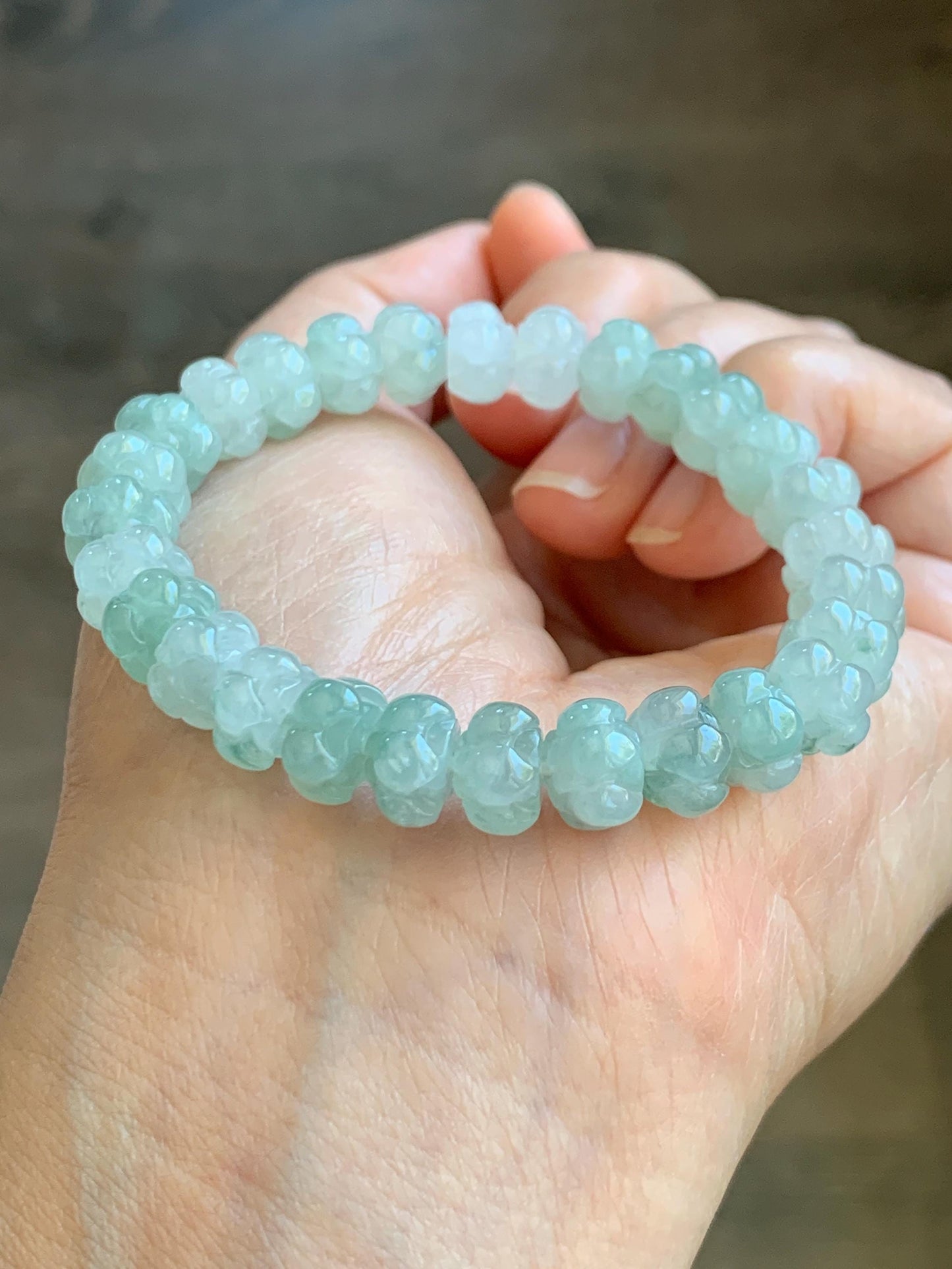 Certified Natural Icy Translucent Gelatinous Green Marbled Jadeite Lotus Flower Beads Beaded Bracelet 8.8mm 6” 21.7g 天然冰胶飘花翡翠莲花珠手串 9410