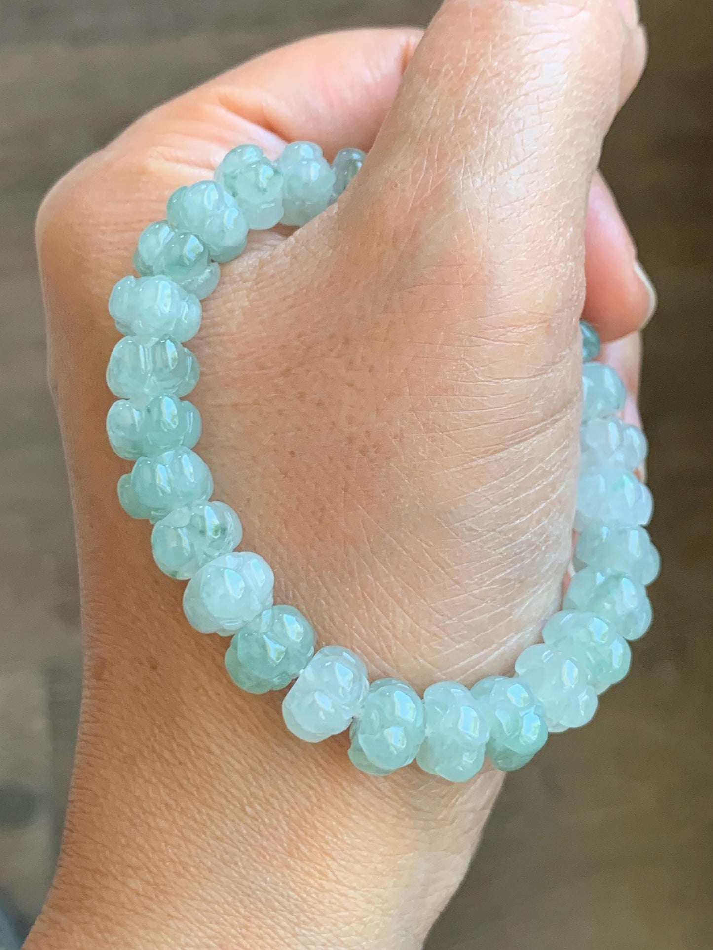 Certified Natural Icy Translucent Gelatinous Green Marbled Jadeite Lotus Flower Beads Beaded Bracelet 8.8mm 6” 21.7g 天然冰胶飘花翡翠莲花珠手串 9410