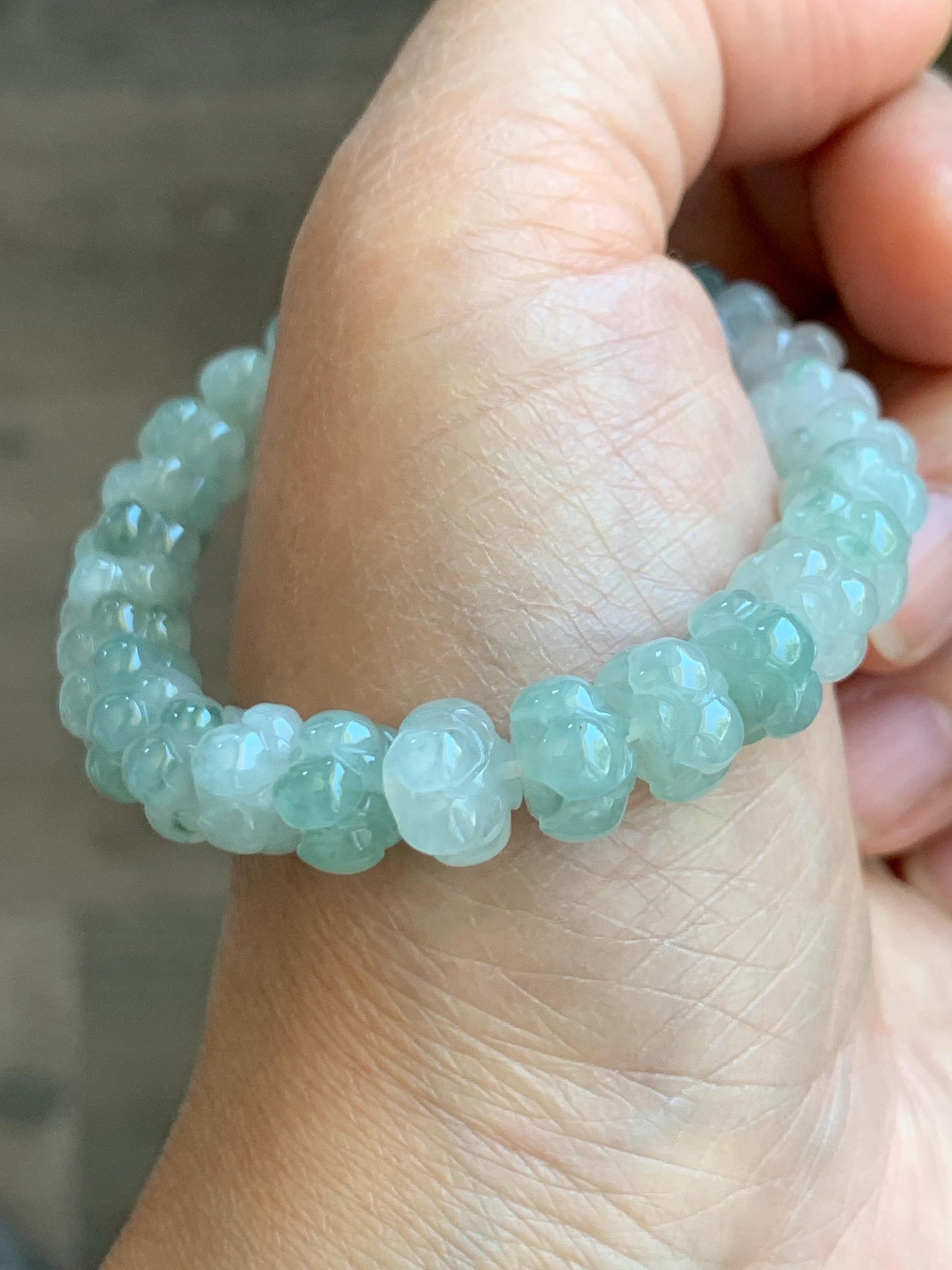 Certified Natural Icy Translucent Gelatinous Green Marbled Jadeite Lotus Flower Beads Beaded Bracelet 8.8mm 6” 21.7g 天然冰胶飘花翡翠莲花珠手串 9410