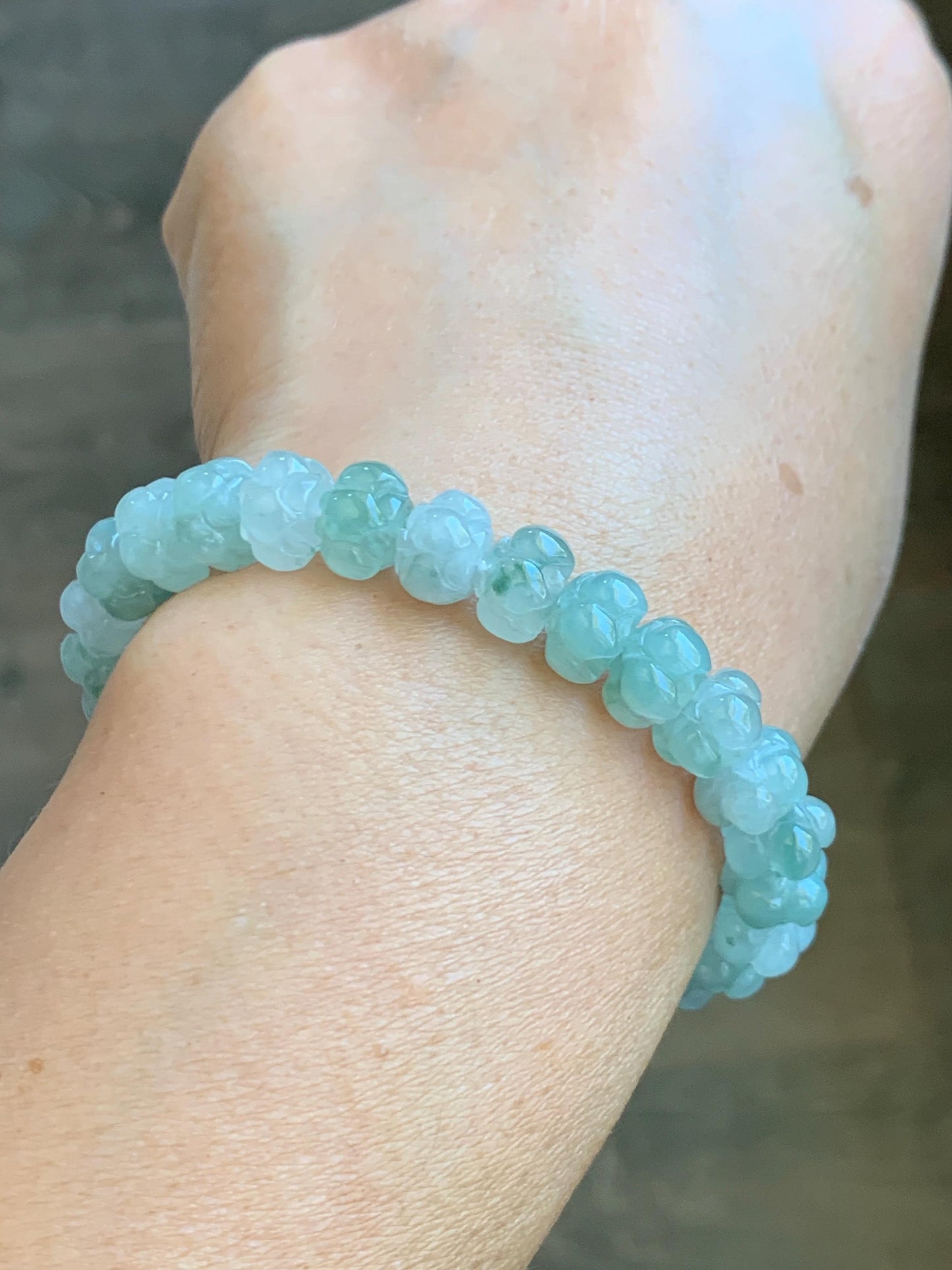 Certified Natural Icy Translucent Gelatinous Green Marbled Jadeite Lotus Flower Beads Beaded Bracelet 8.8mm 6” 21.7g 天然冰胶飘花翡翠莲花珠手串 9410