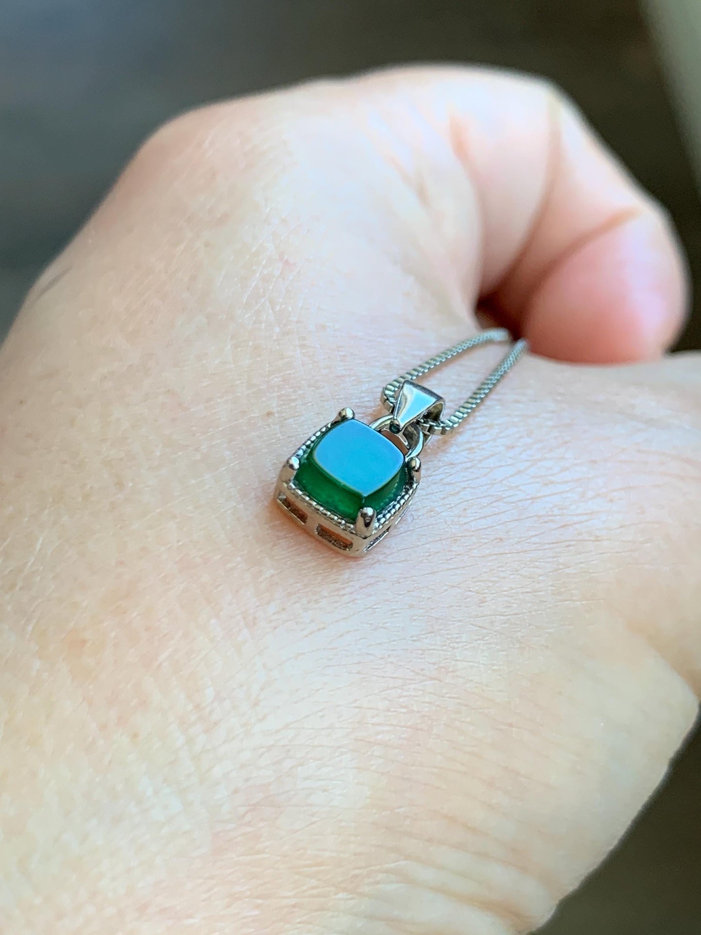 Natural Grade A Guatemalan Icy Highly Translucent Vibrant Green Jadeite Petite Square Pendant Sterling Silver 天然冰危绿翡翠方糖银镶吊坠 WLFT85