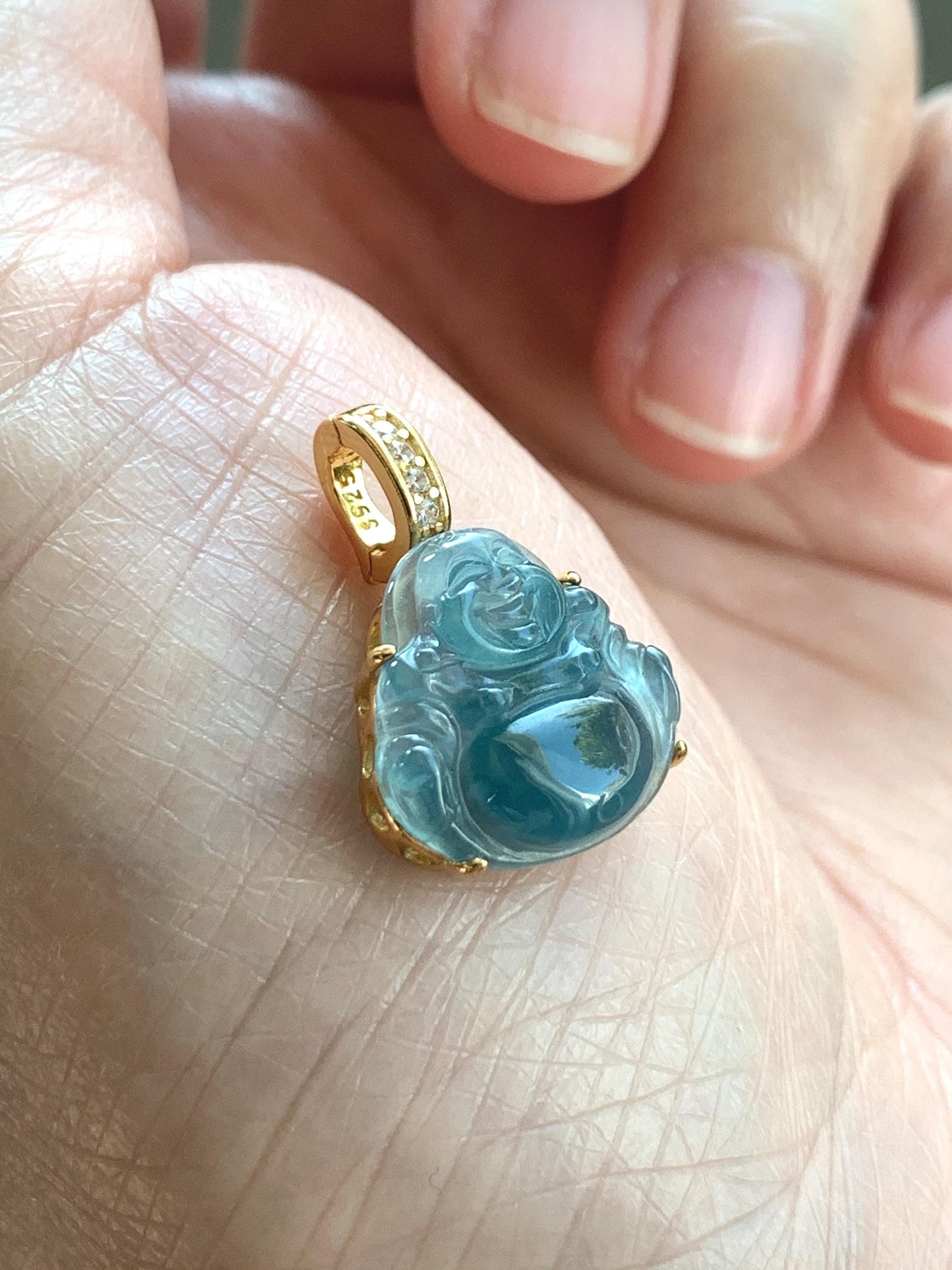 Natural Grade A Guatemalan Icy Highly Translucent Aegean Blue Jadeite Buddha Pendant Sterling Silver YG Overlay 天然冰危蓝绿起光翡翠佛公吊坠 WAL120A