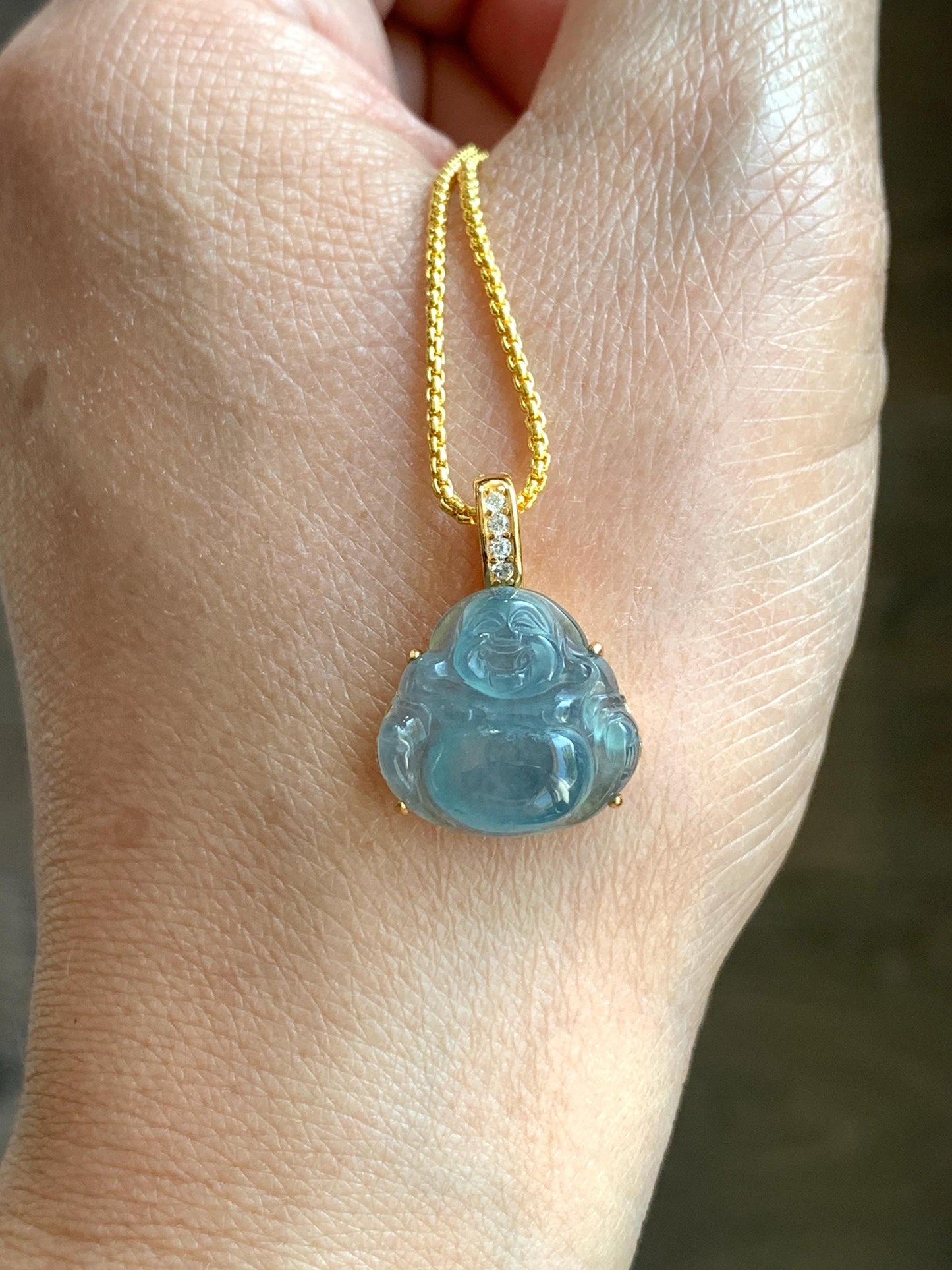 Natural Grade A Guatemalan Icy Highly Translucent Aegean Blue Jadeite Buddha Pendant Sterling Silver YG Overlay 天然冰危蓝绿起光翡翠佛公吊坠 WAL120B