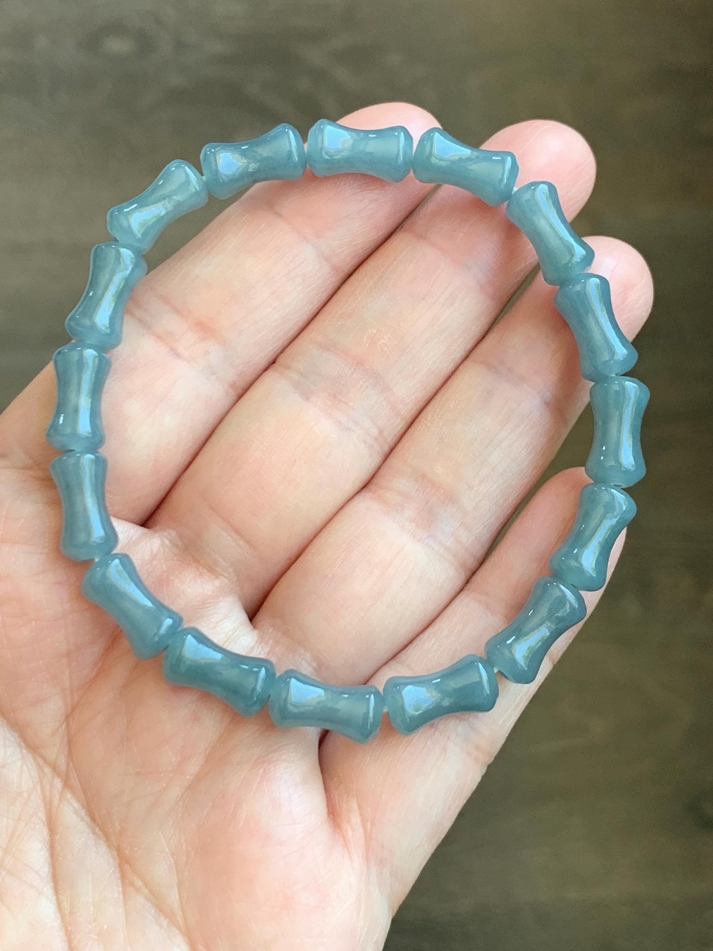 Natural Grade A Guatemalan Icy Translucent Gelatinous Dusty Blue Jadeite Carved Bamboo Stalk Beaded Bracelet 7.5” 14g 天然冰危篮翡翠竹节珠手串 HLZJ132