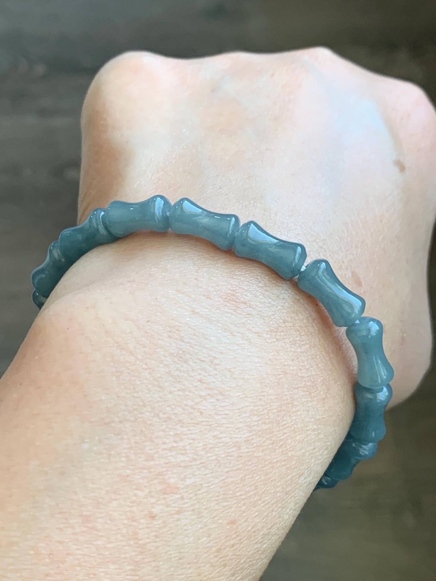 Natural Grade A Guatemalan Icy Translucent Gelatinous Dusty Blue Jadeite Carved Bamboo Stalk Beaded Bracelet 7.5” 14g 天然冰危篮翡翠竹节珠手串 HLZJ132