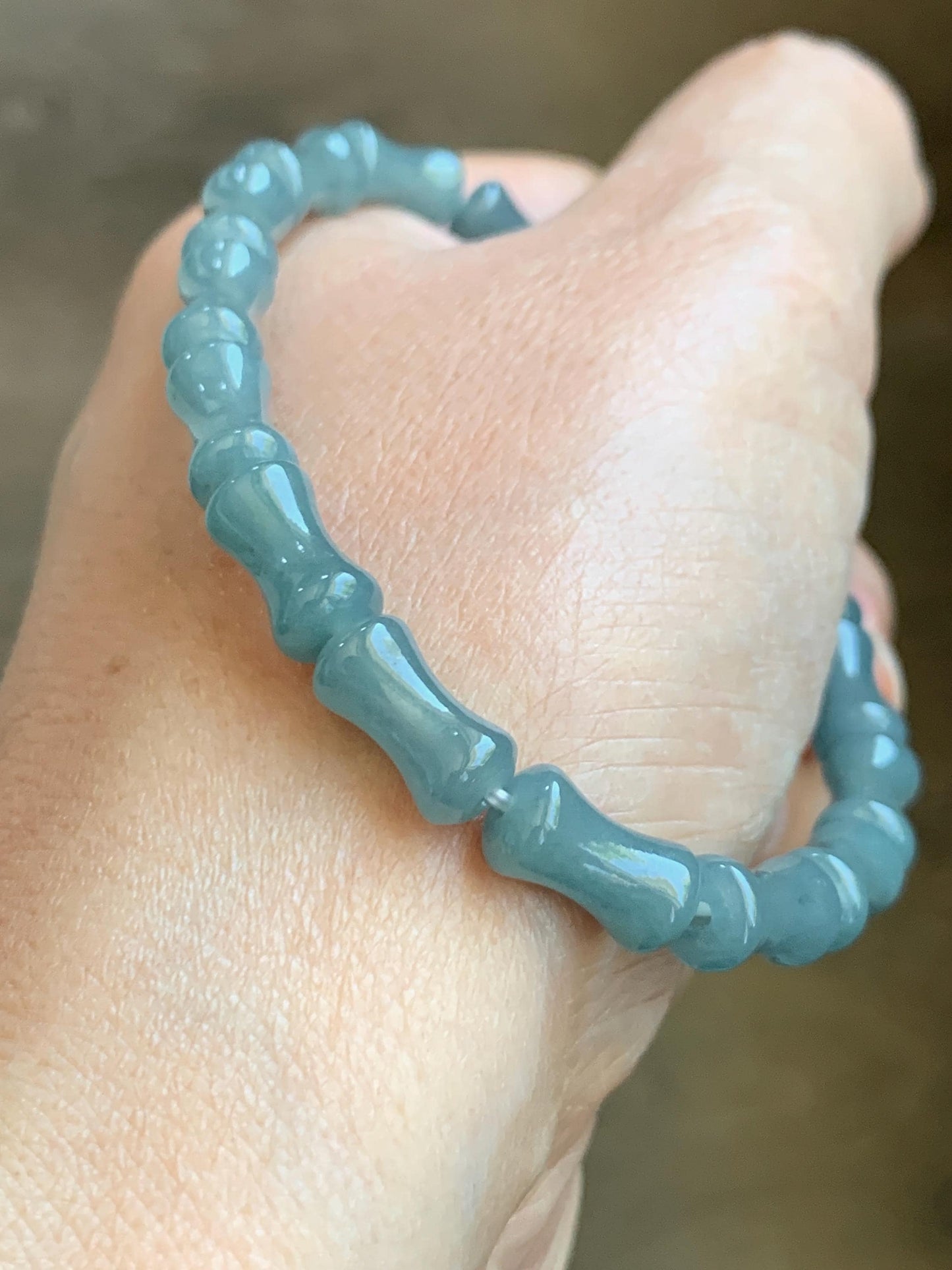 Natural Grade A Guatemalan Icy Translucent Gelatinous Dusty Blue Jadeite Carved Bamboo Stalk Beaded Bracelet 7.5” 14g 天然冰危篮翡翠竹节珠手串 HLZJ132