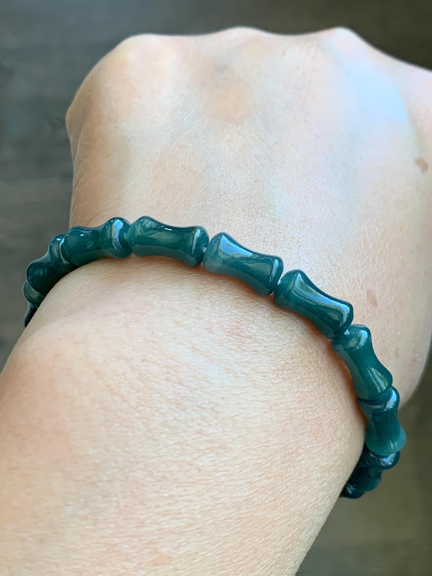 Natural Grade A Guatemalan Icy Translucent Gelatinous Dark Teal Blue Jadeite Carved Bamboo Stalk Beaded Bracelet 7.5” 天然冰危篮翡翠竹节珠手串 SLZJ132