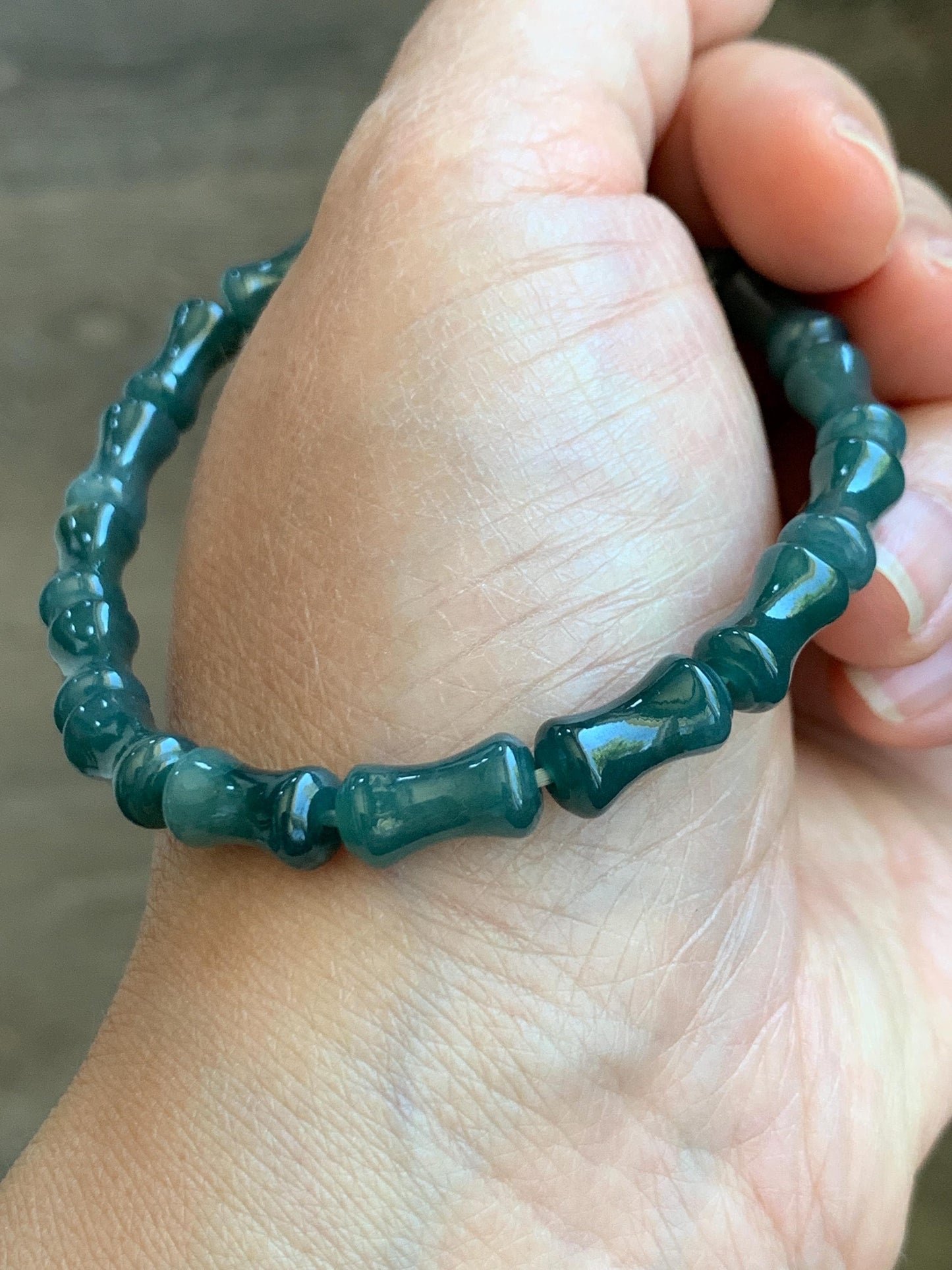 Natural Grade A Guatemalan Icy Translucent Gelatinous Dark Teal Blue Jadeite Carved Bamboo Stalk Beaded Bracelet 7.5” 天然冰危篮翡翠竹节珠手串 SLZJ132