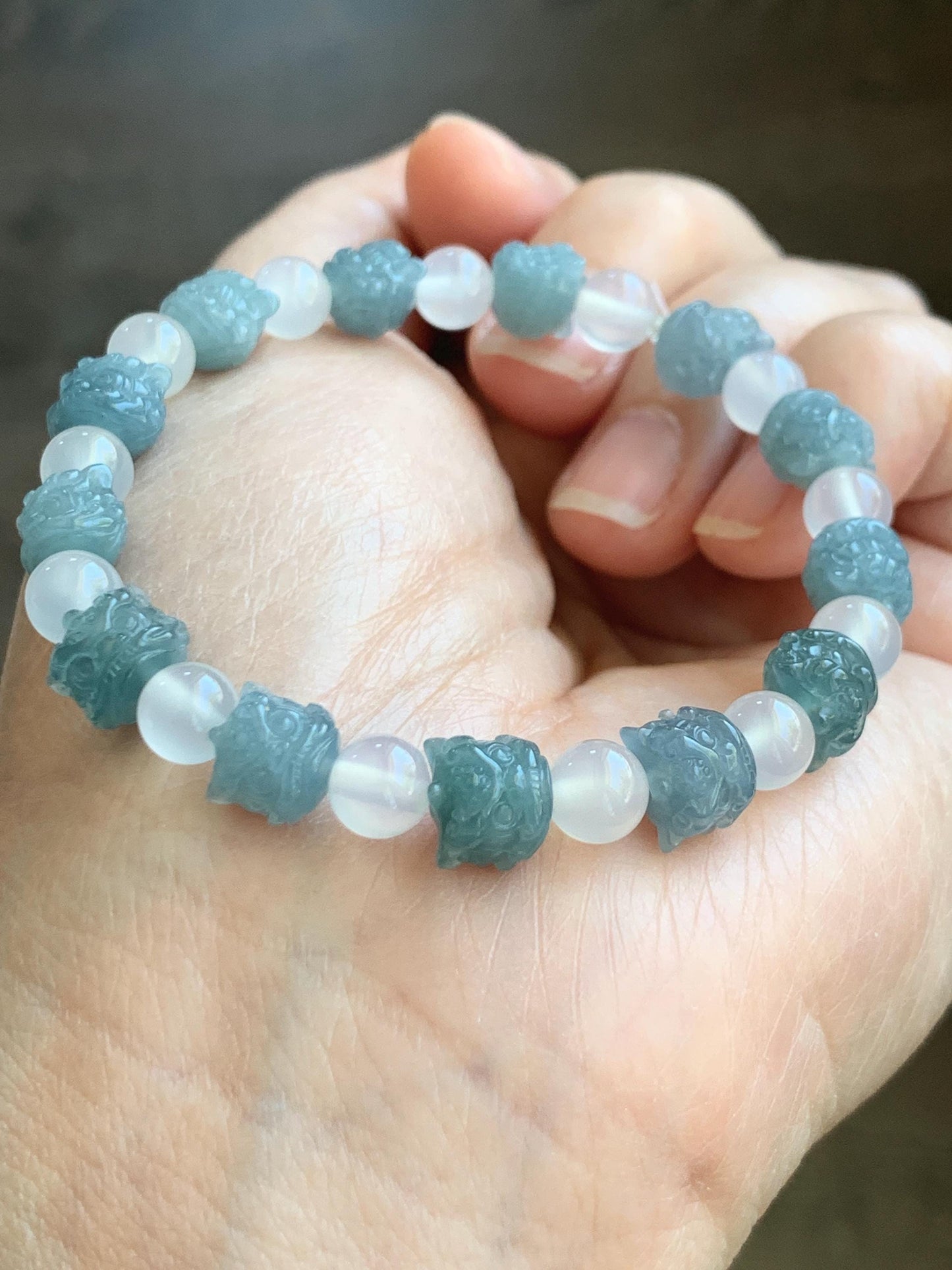 Natural Grade A Guatemalan Icy Translucent Gelatinous Blue Jadeite Carved Dancing Lion Heads Beaded Bracelet 6.5” 13g 天然冰危篮翡翠醒狮珠手串 XSZ440