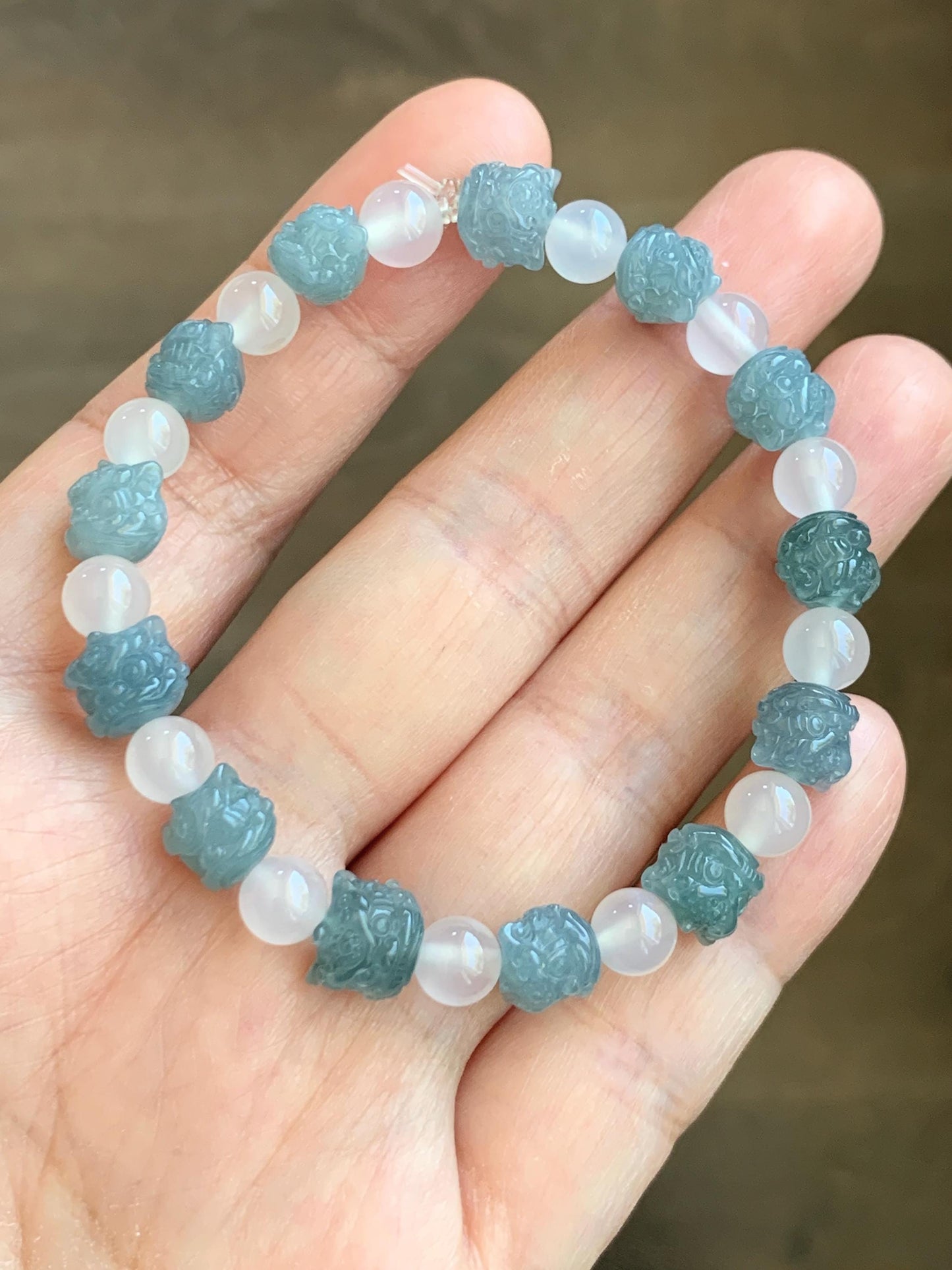 Natural Grade A Guatemalan Icy Translucent Gelatinous Blue Jadeite Carved Dancing Lion Heads Beaded Bracelet 6.5” 13g 天然冰危篮翡翠醒狮珠手串 XSZ440