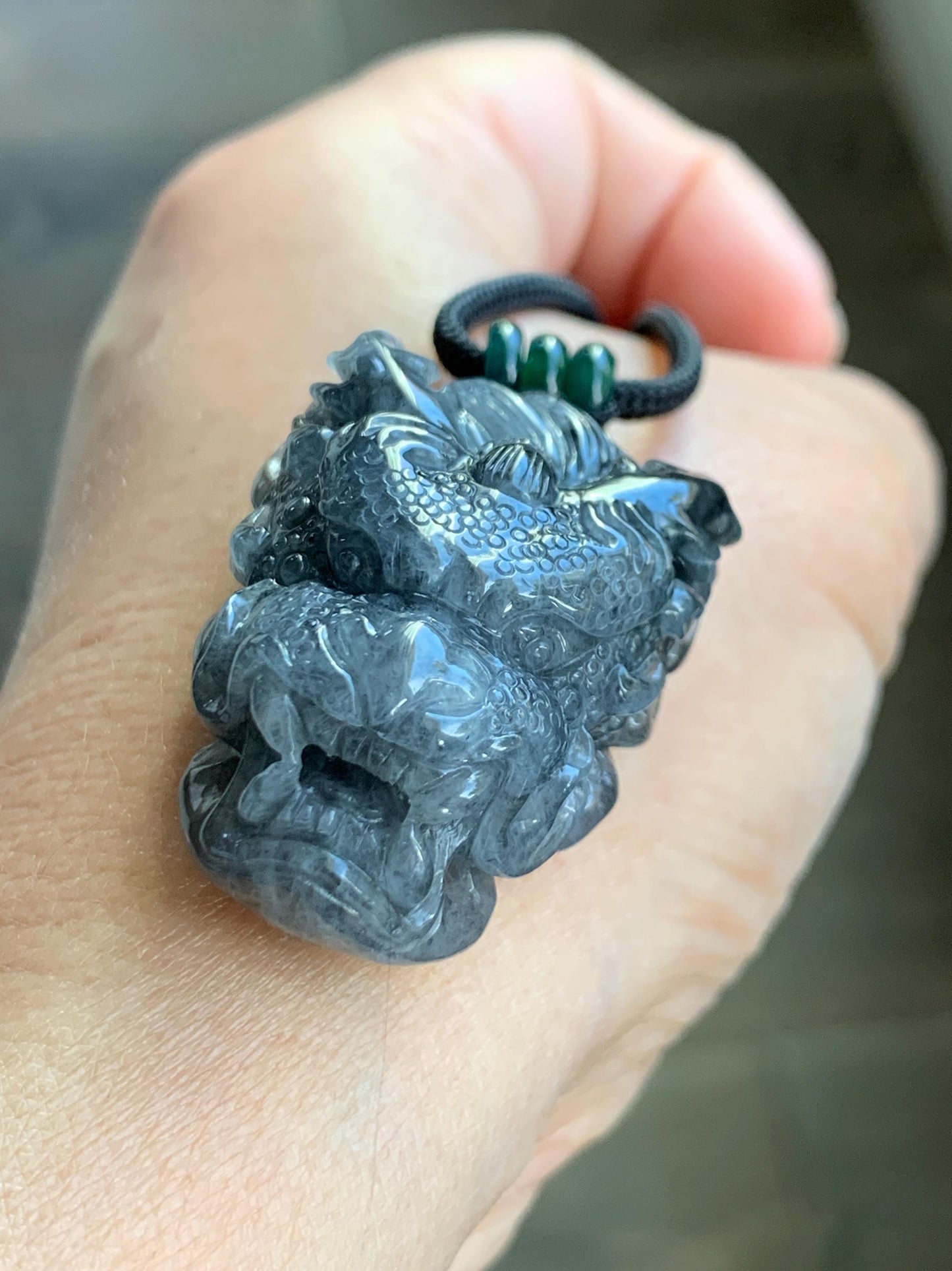Natural Grade A Icy Translucent Wuji Jadeite Carved Dragon Head Wu Dao Enlightenment Pendant Rope Necklace 28" 29g 天然冰蓝乌鸡翡翠精工龙头吾道吊坠 MWJL220