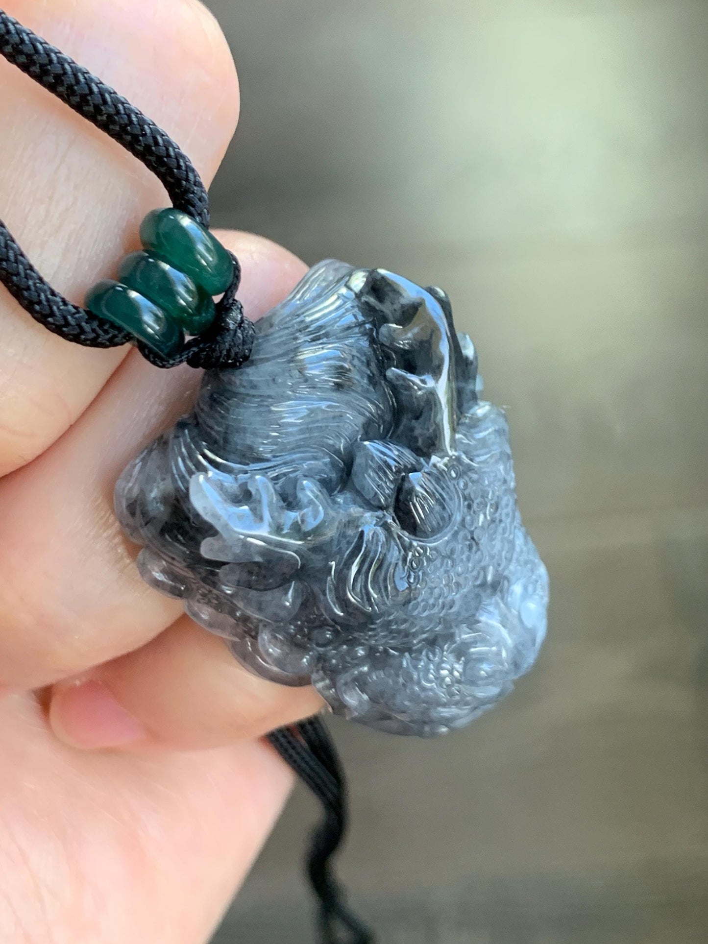 Natural Grade A Icy Translucent Wuji Jadeite Carved Dragon Head Wu Dao Enlightenment Pendant Rope Necklace 28" 29g 天然冰蓝乌鸡翡翠精工龙头吾道吊坠 MWJL220