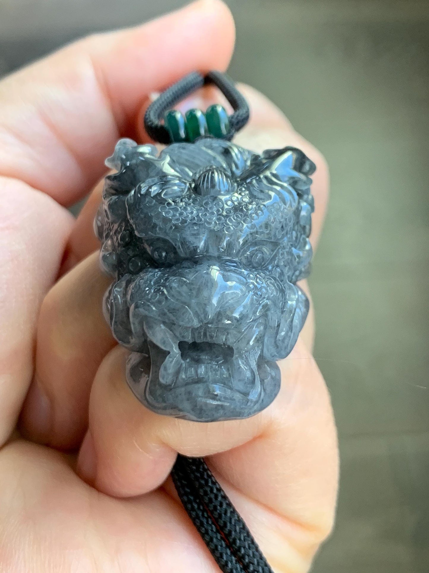 Natural Grade A Icy Translucent Wuji Jadeite Carved Dragon Head Wu Dao Enlightenment Pendant Rope Necklace 28" 29g 天然冰蓝乌鸡翡翠精工龙头吾道吊坠 MWJL220