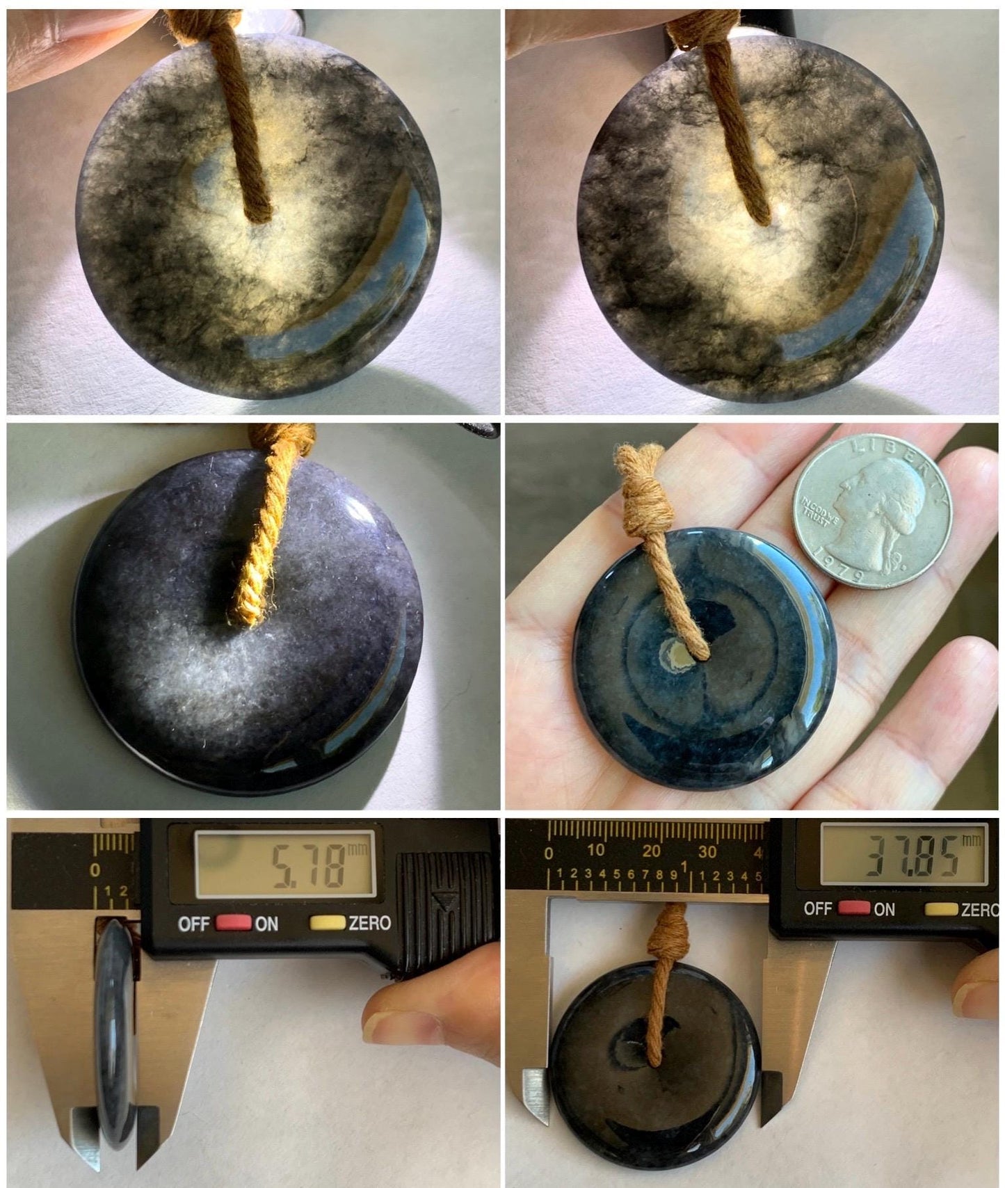 Natural Grade A Icy Translucent Wuji Jade Jadeite Large Ping An Kou Donut Pendant Rope Necklace 26” 19g 天然冰乌鸡翡翠平安扣吊坠 WJK145-Z