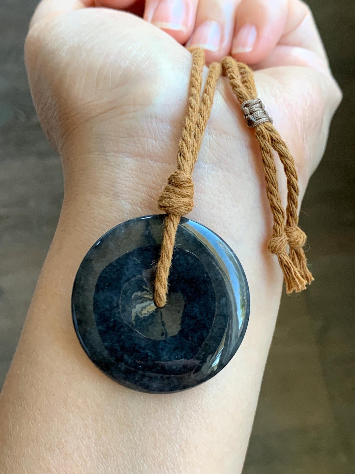 Natural Grade A Icy Translucent Wuji Jade Jadeite Large Ping An Kou Donut Pendant Rope Necklace 26” 19g 天然冰乌鸡翡翠平安扣吊坠 WJK145-Z